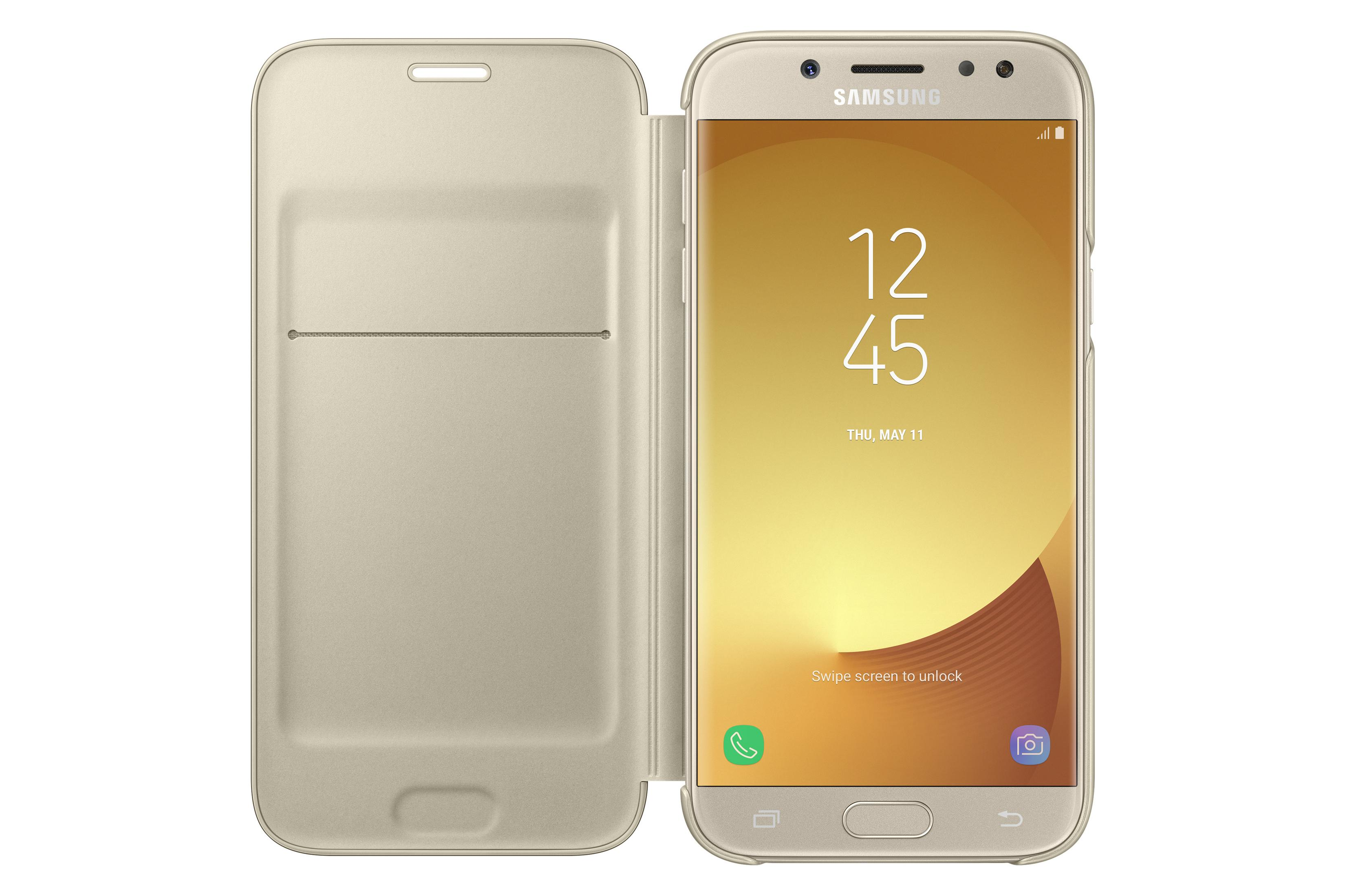 Una funda dorada para teléfono está abierta, revelando un teléfono dorado. El teléfono muestra la hora, la fecha y un mensaje para desbloquear.
