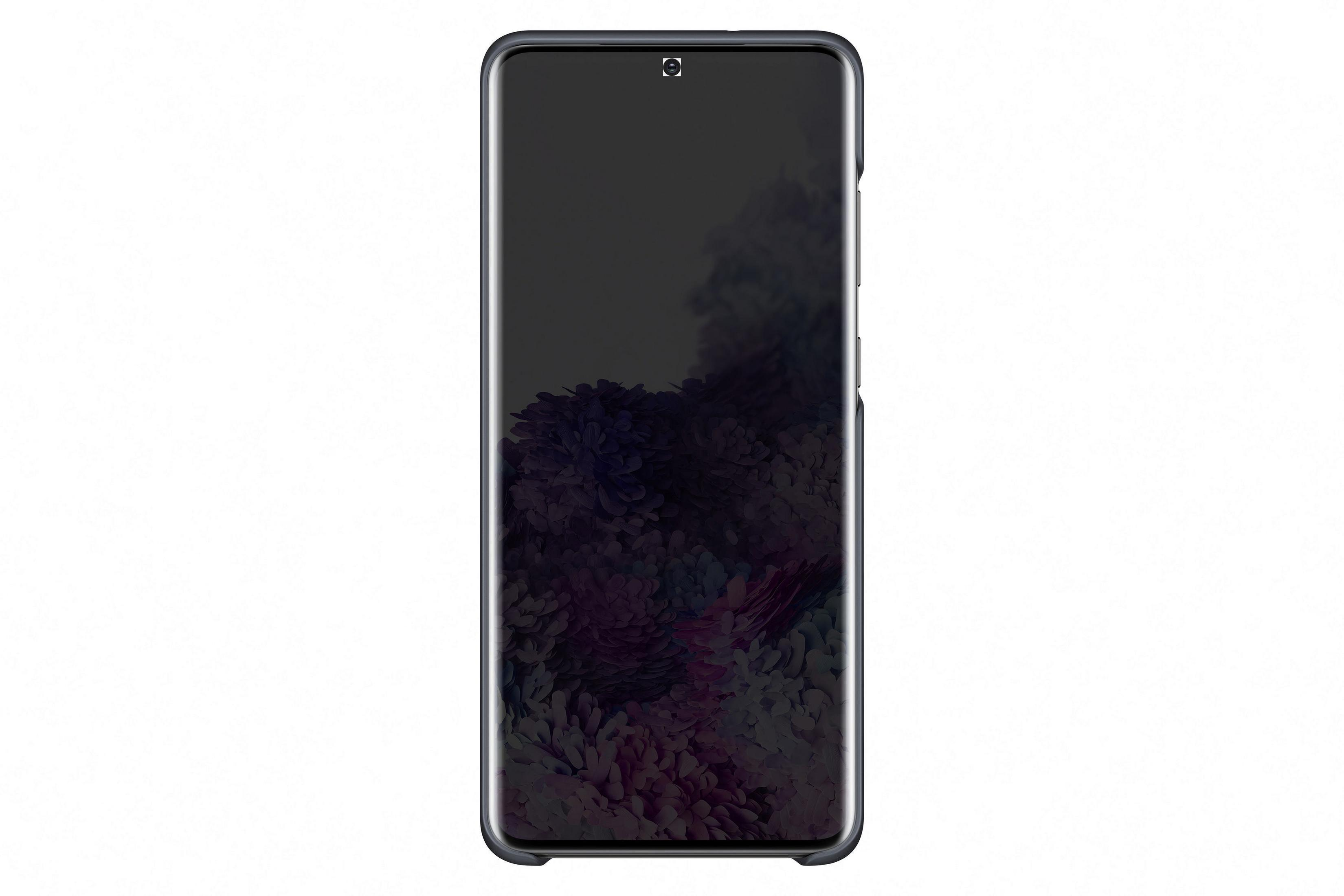 Un téléphone noir dans un étui noir, avec un fond sombre abstrait.