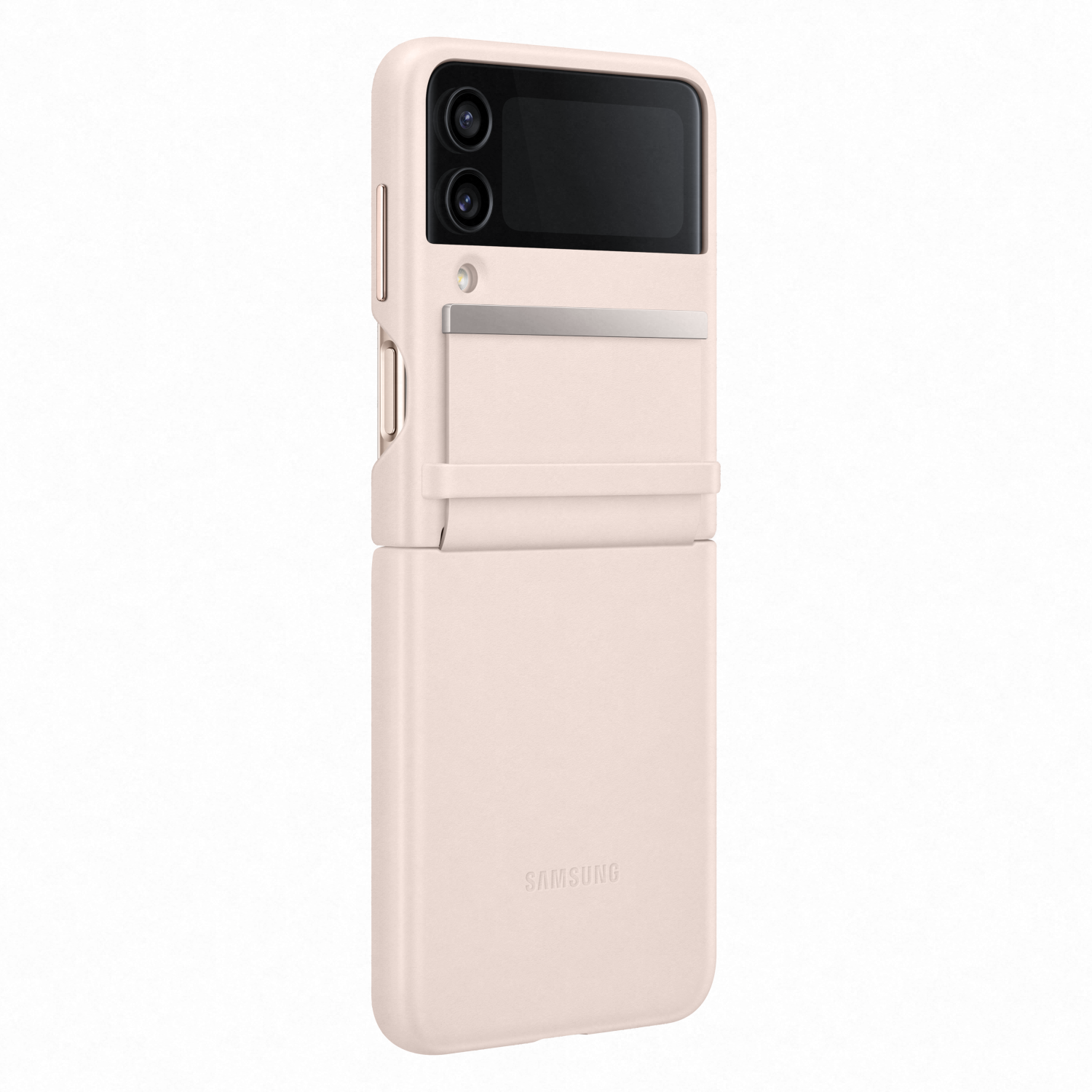 Coque de téléphone rose avec rabat, couvrant un téléphone avec caméra et boutons latéraux.