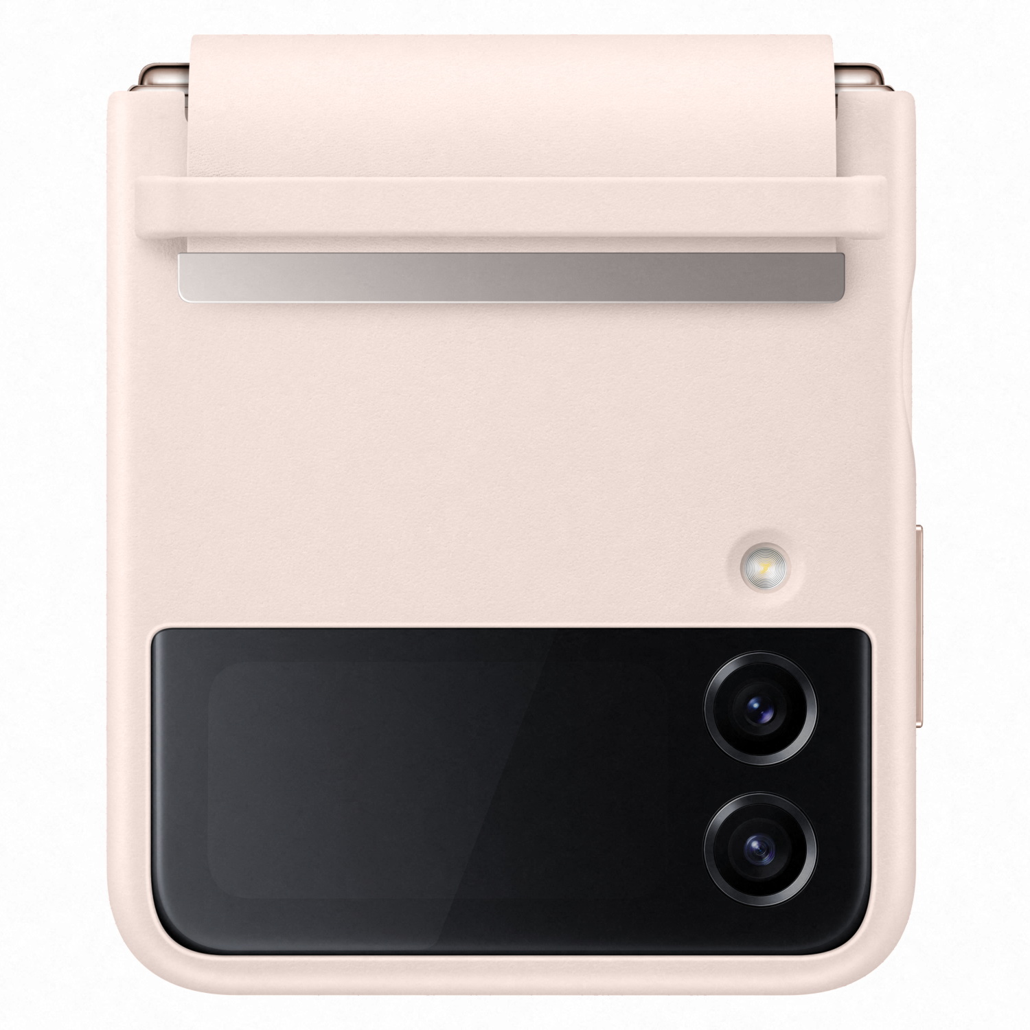 Coque de téléphone rose avec découpe caméra, tenant smartphone plié avec écran noir.