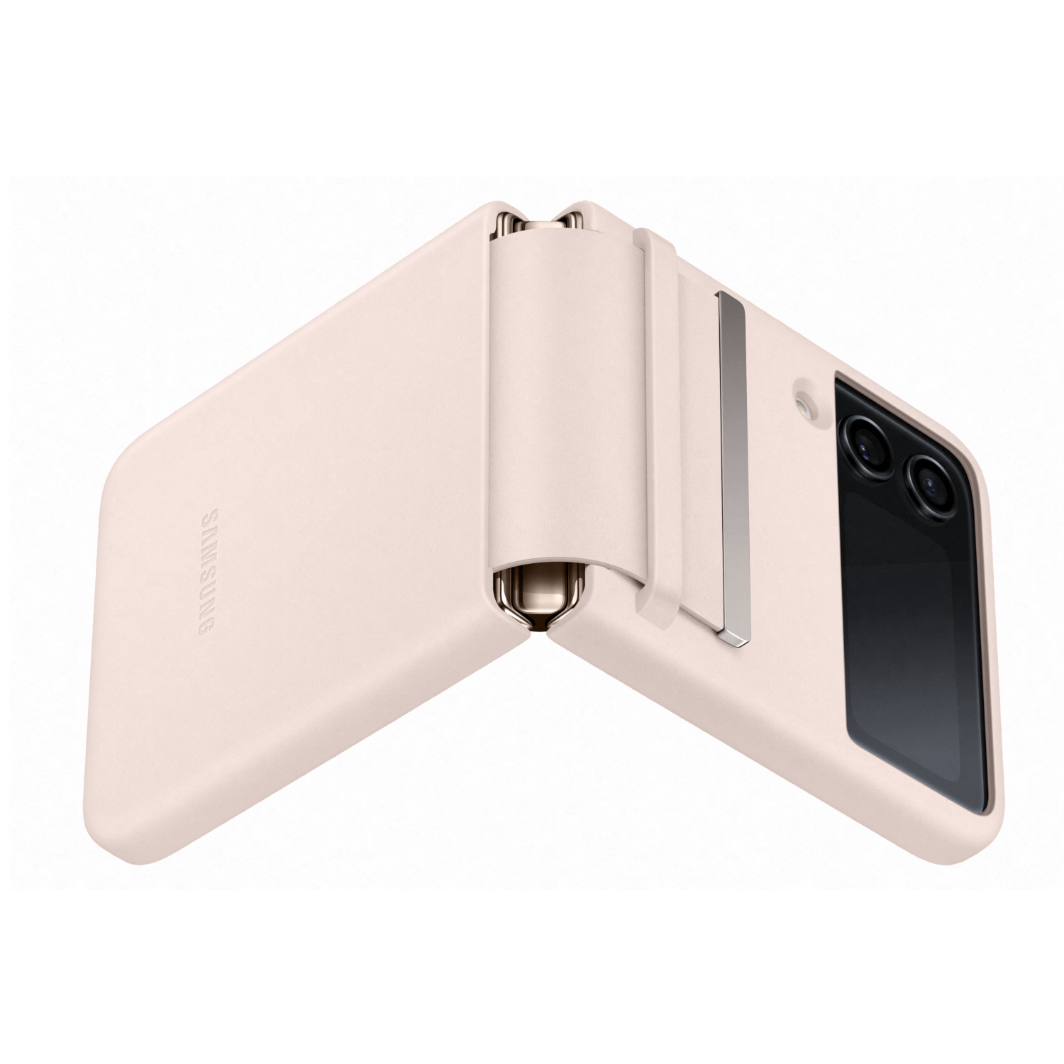Un téléphone rose pliable en position ouverte. L'arrière porte un logo Samsung.