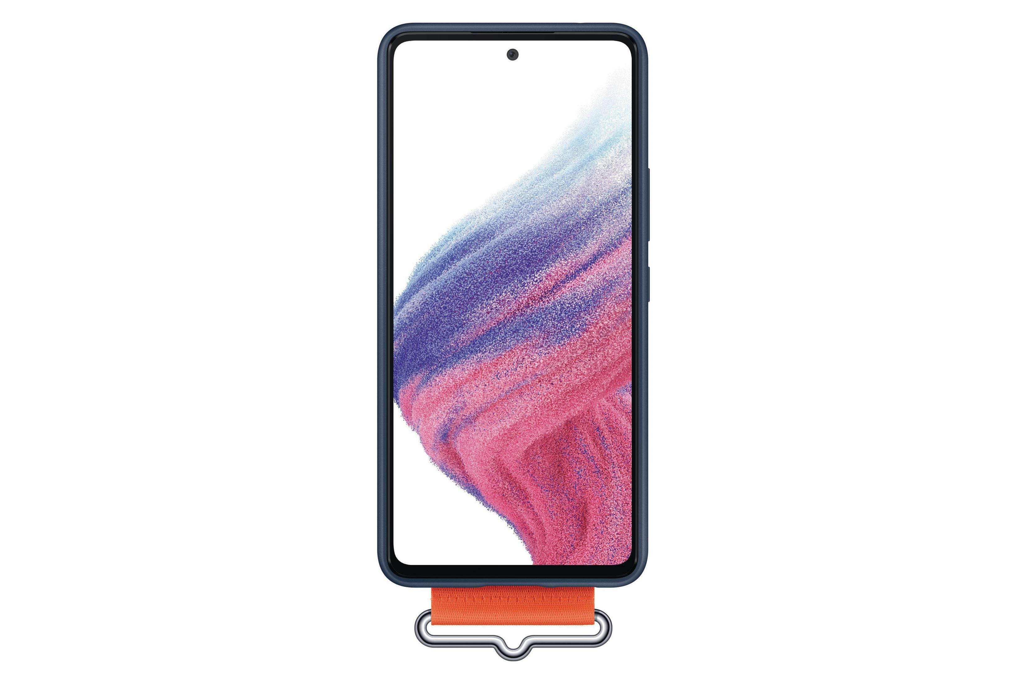 Ein blaues Telefon mit einem farbenfrohen abstrakten Kunst-Hintergrundbild und einem orangefarbenen Gurt.