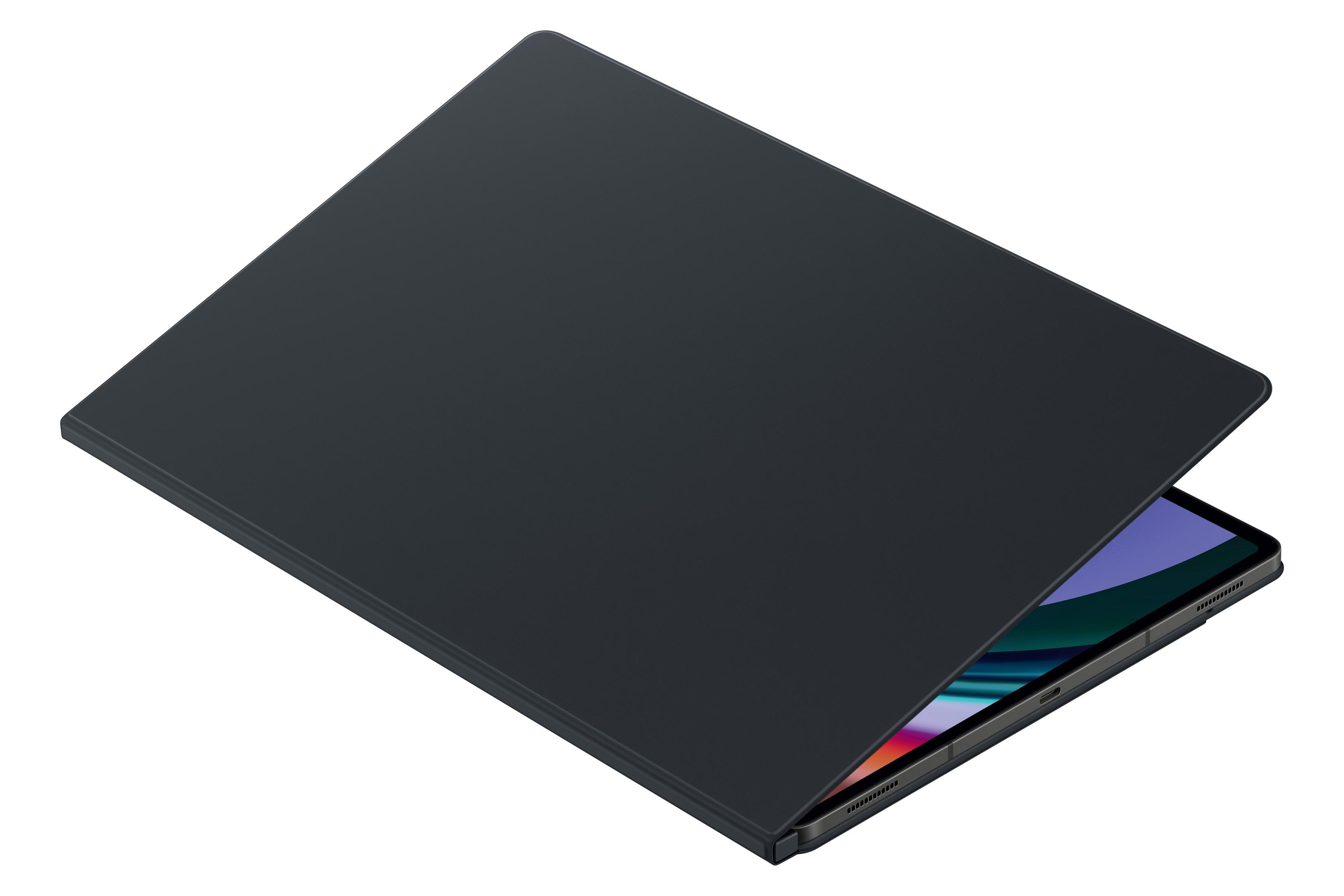 Una funda de tableta negra, parcialmente abierta, que muestra una pantalla de tableta.