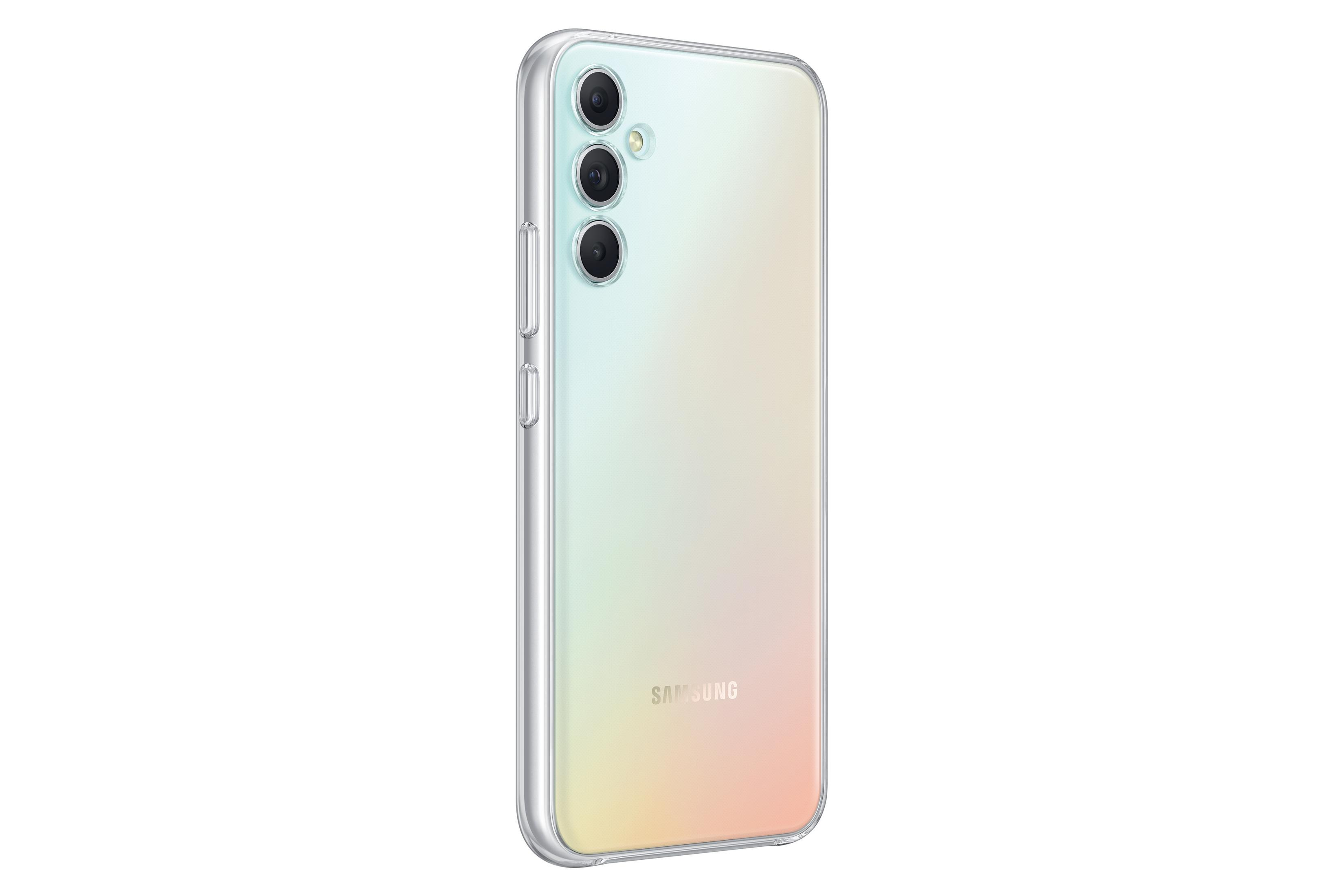 Een doorzichtige telefoonhoes met een kleurverloop op de achterkant. Heeft een Samsung-logo en camera.