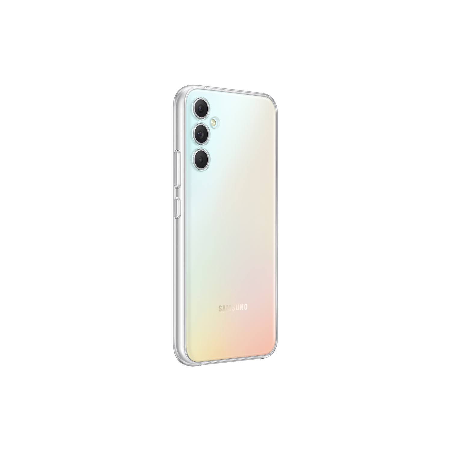 Een smartphone in een hoesje. De telefoon is wit en heeft drie cameralenzen.