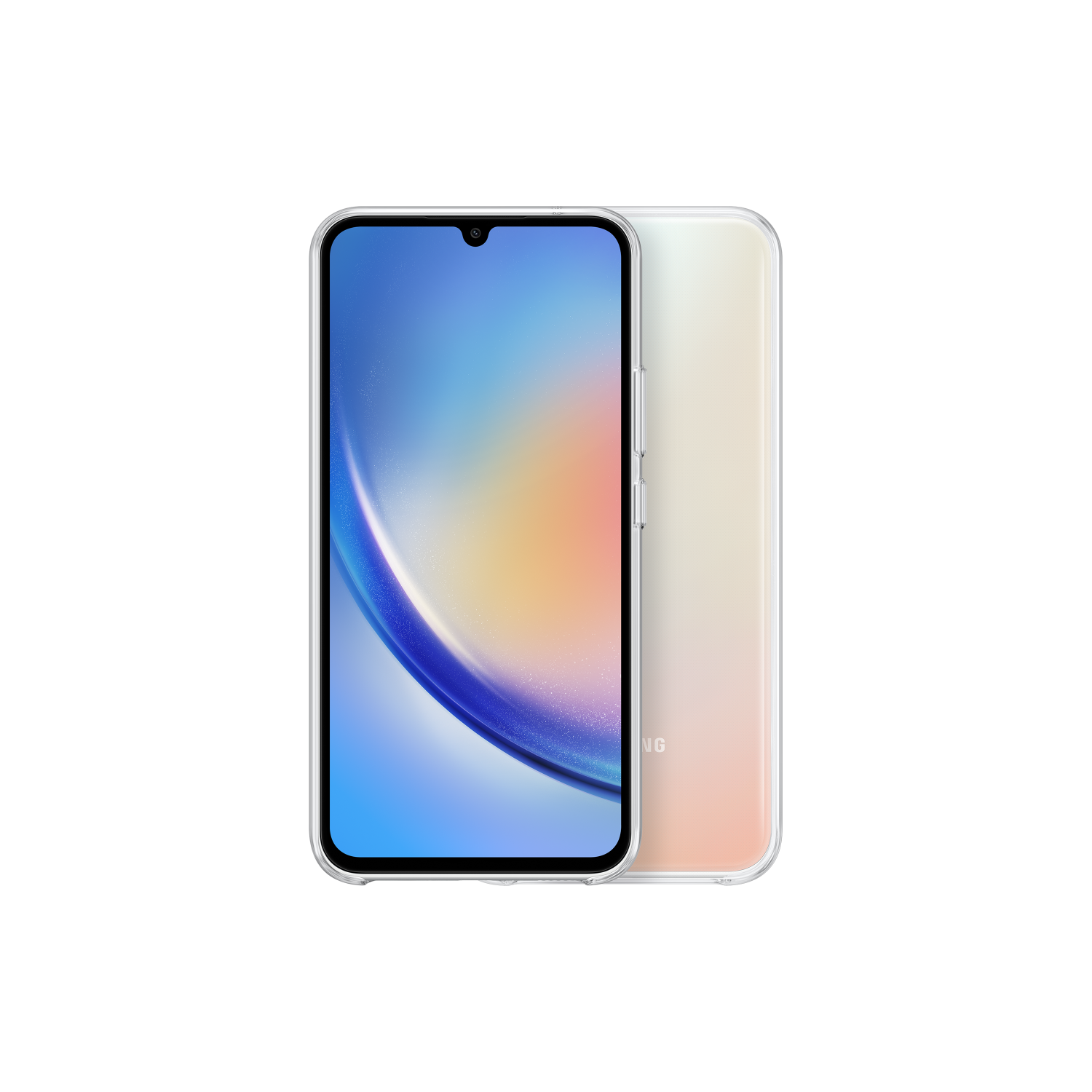Smartphone met een doorzichtige hoes. De telefoon is zwart en toont een kleurrijke afbeelding. De hoes is transparant.