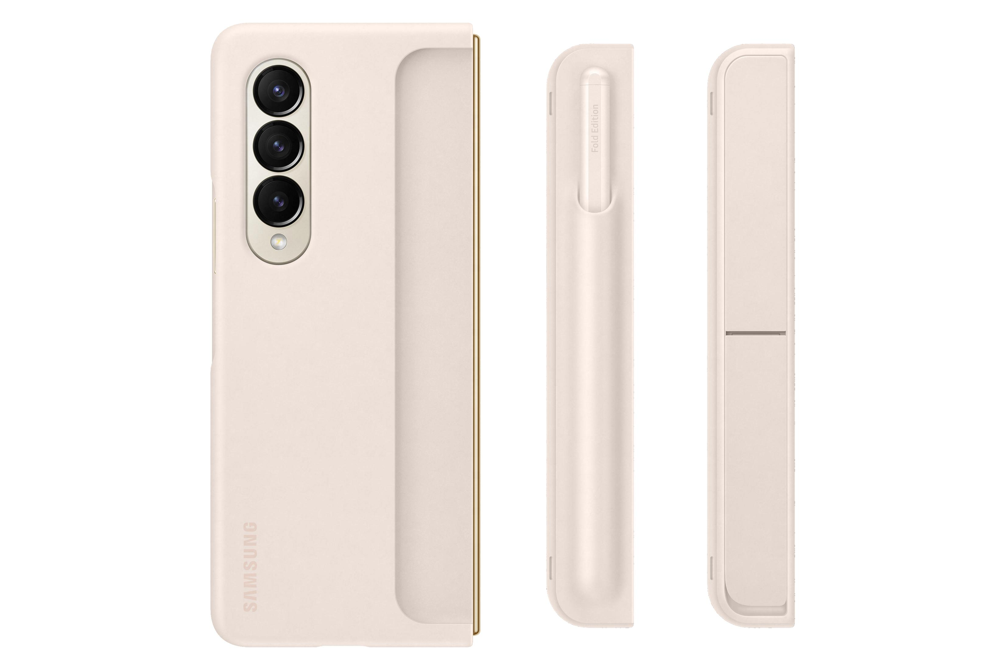 Teléfono plegable, una funda con un bolígrafo y una funda abierta sobre fondo blanco. La funda es beige claro.