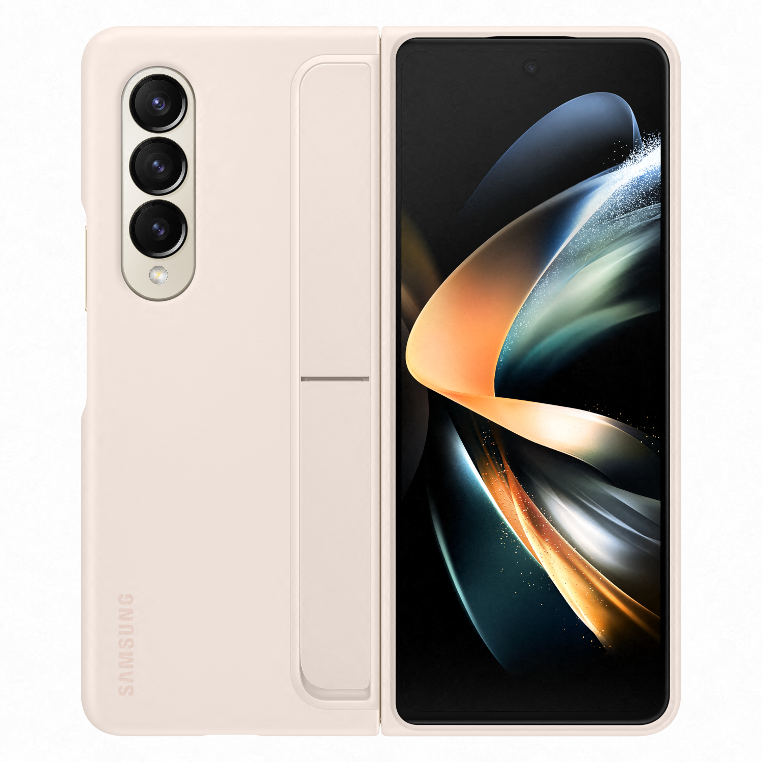 Un teléfono blanco Samsung Galaxy Z Fold 4, abierto. Carcasa beige, pantalla negra y cámara visibles.