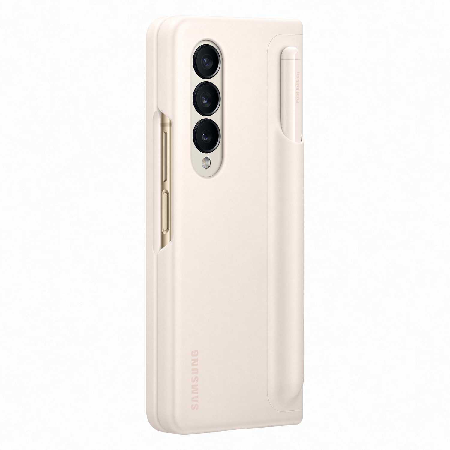 Teléfono plegable en una funda con soporte para bolígrafo. El teléfono es crema y tiene tres cámaras.