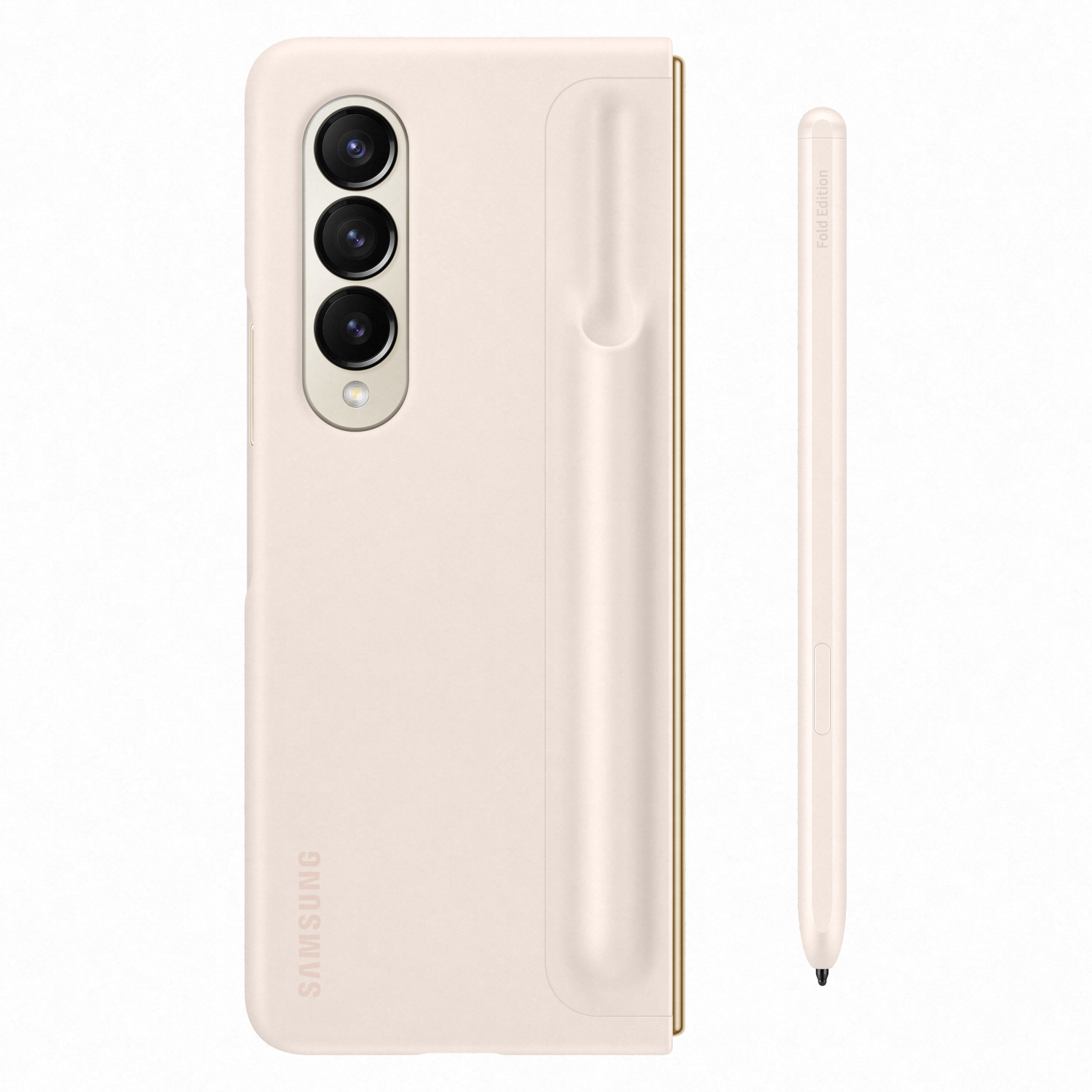 Un teléfono plegado y un lápiz óptico, ambos en color rosa claro. La funda del teléfono es visible, con el logotipo de Samsung.