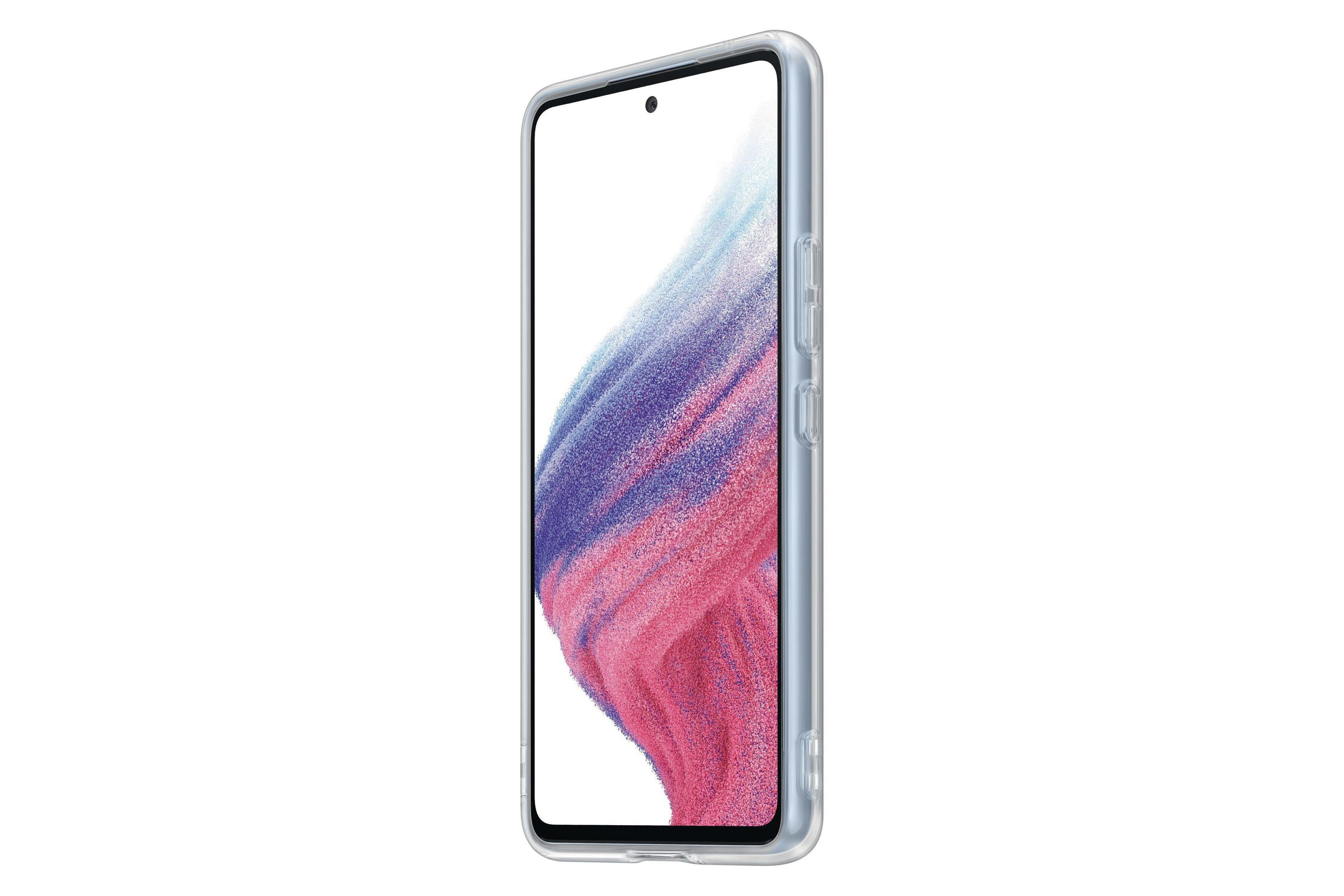 A smartphone in a clear case, with the screen showing a colorful abstract design.