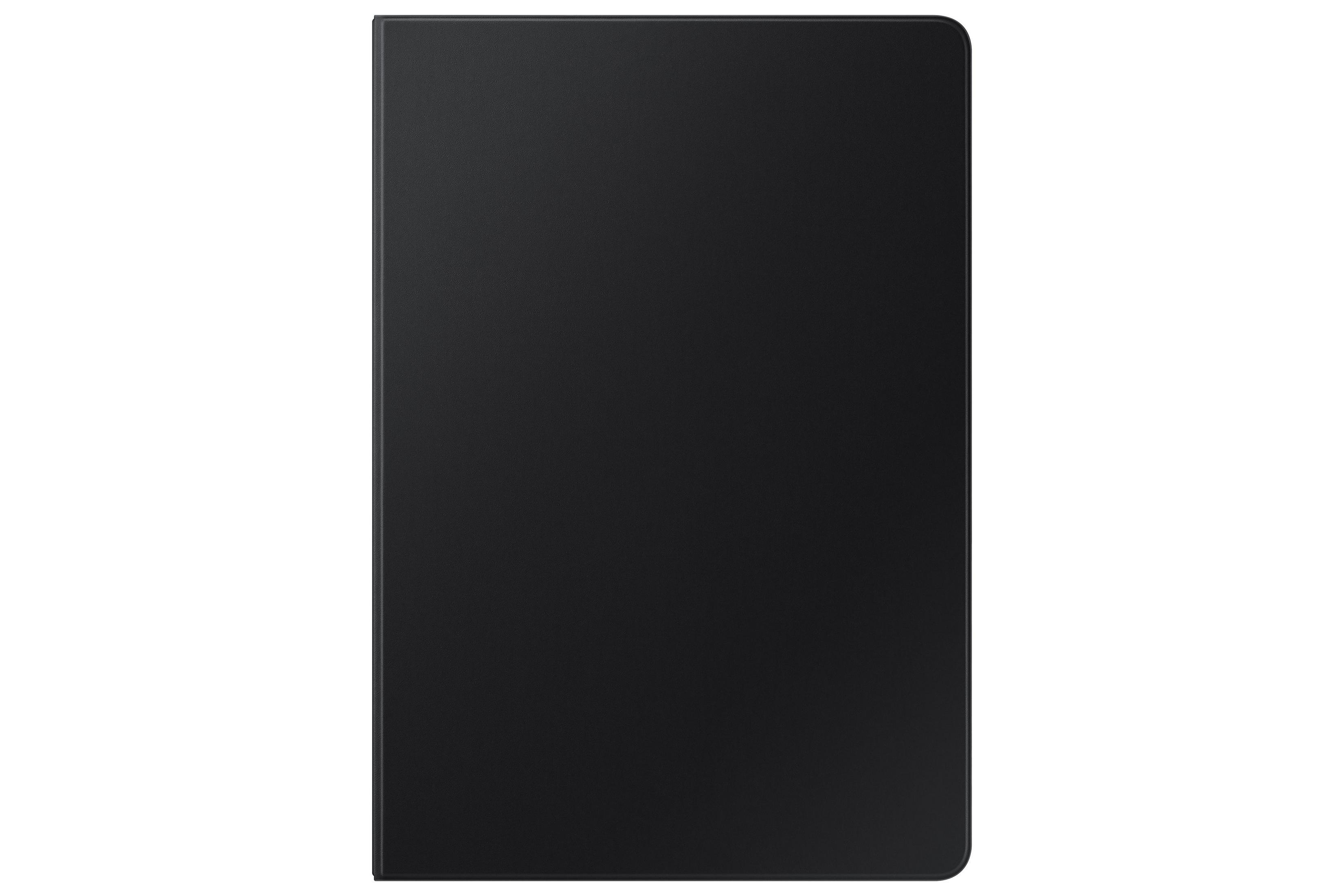 Una funda rectangular negra para tableta, con una textura suave, aislada sobre un fondo blanco.