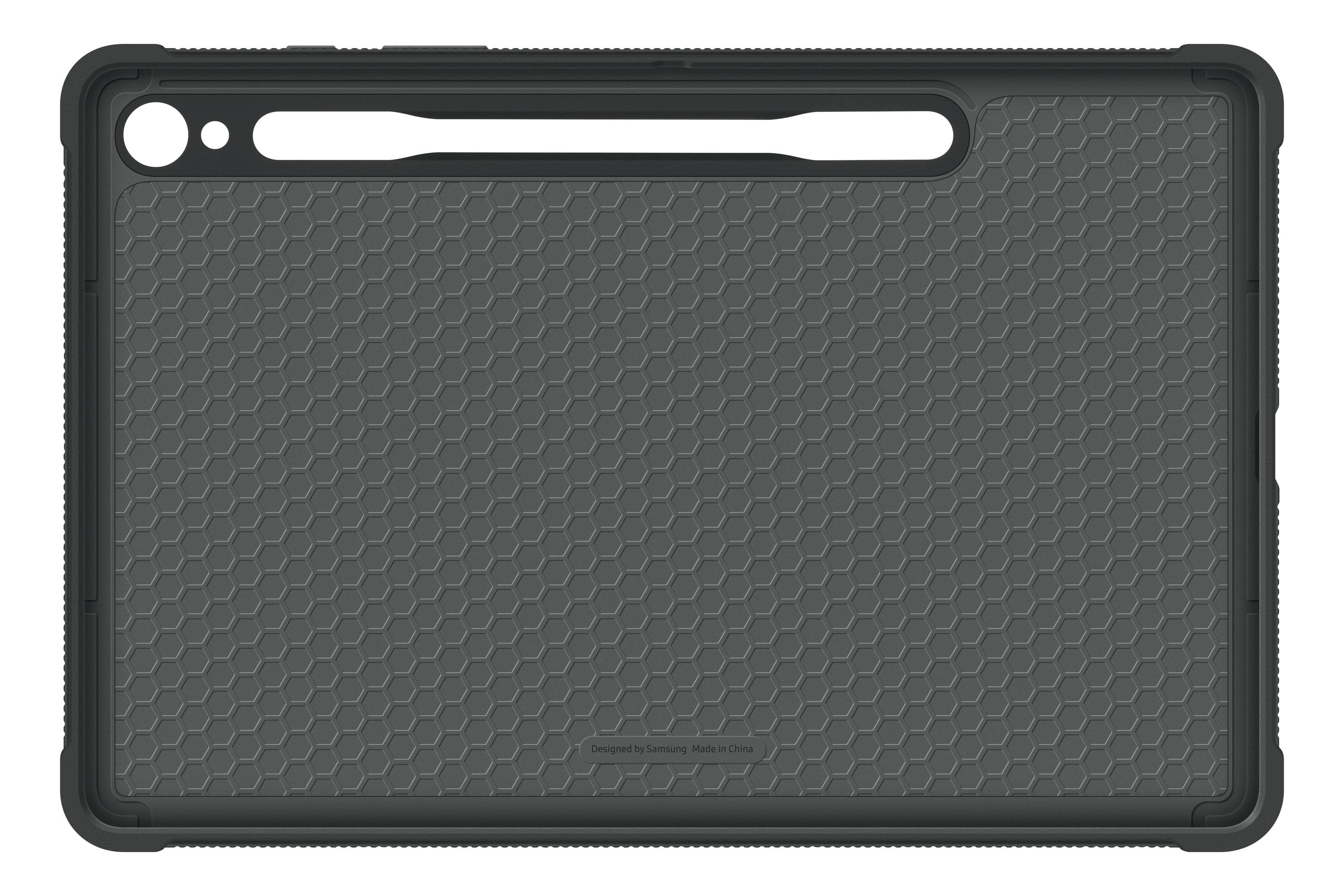 Funda de tableta gris oscuro con patrón de panal. Diseñado por Samsung visible.
