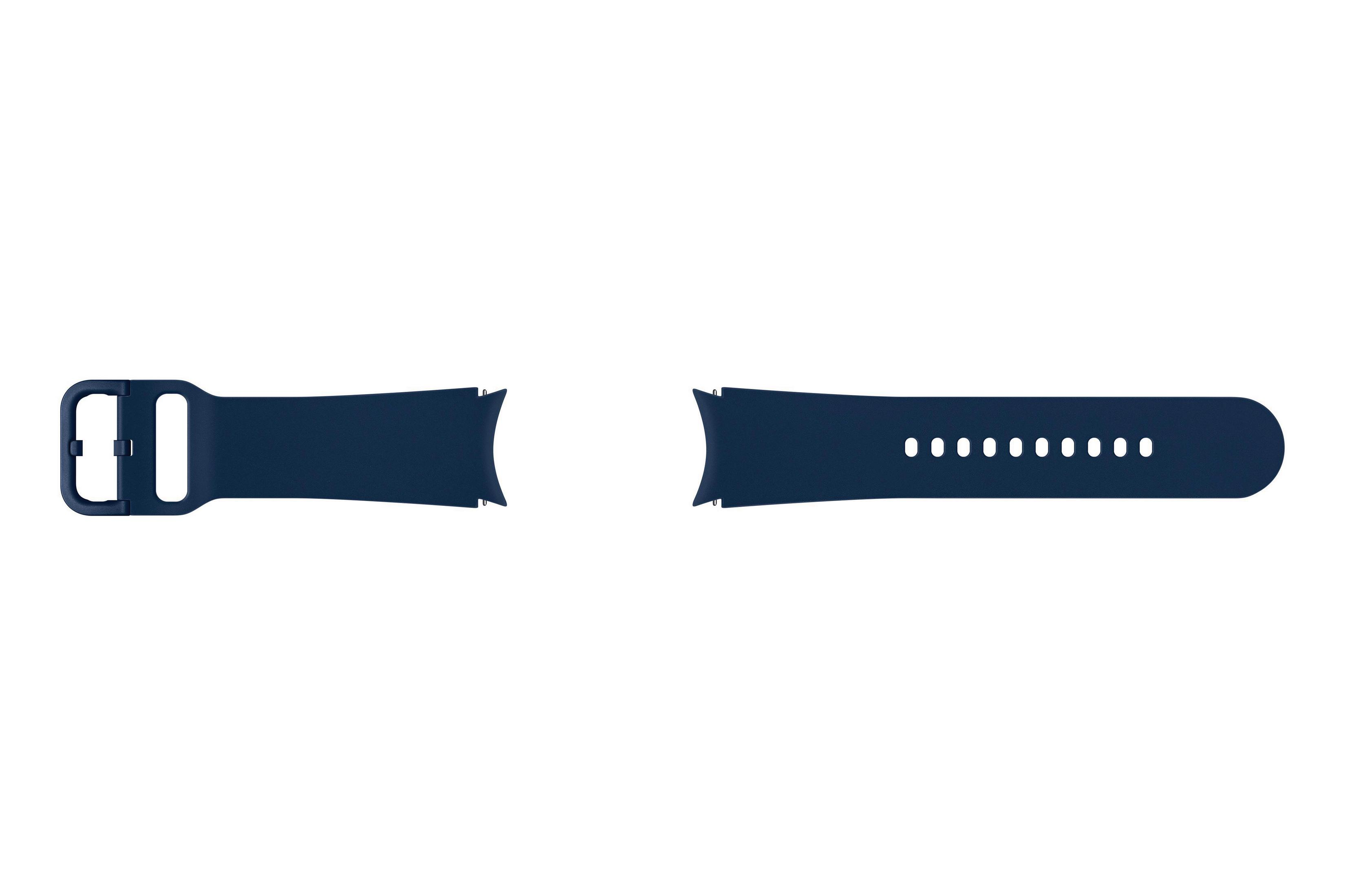 Dwa granatowe paski do zegarka. Jeden ma klamrę, drugi ma dziurki.