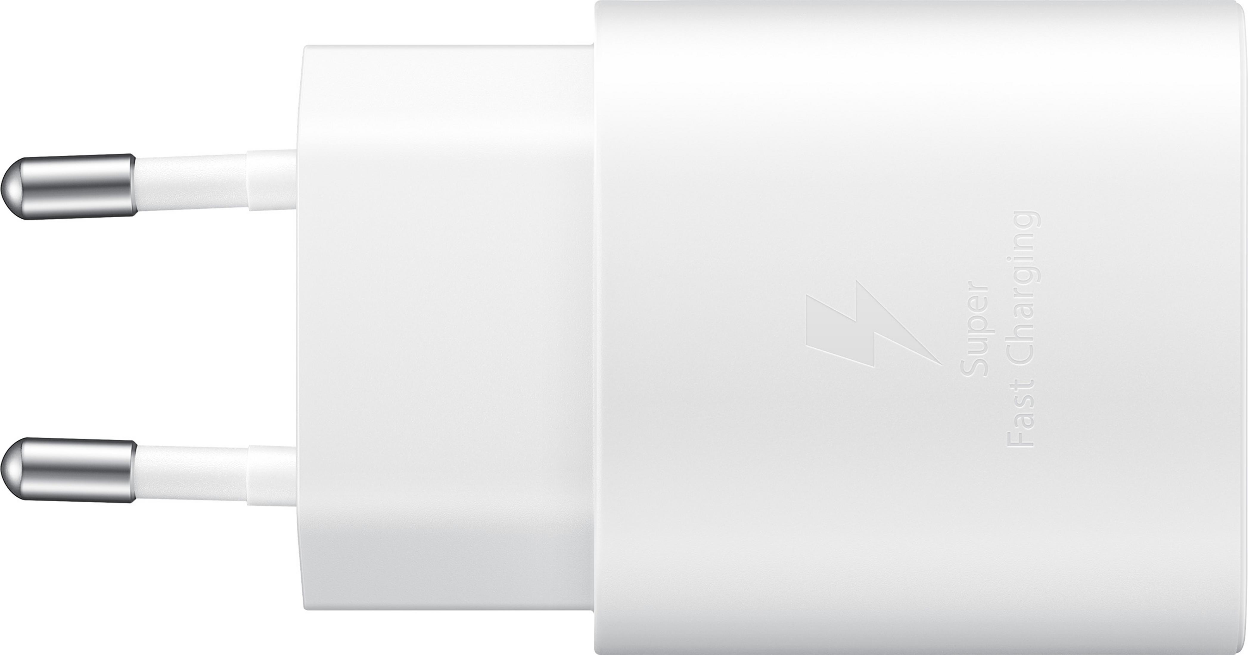 Ein weißes Samsung-Ladegerät mit Super Fast Charging-Text und einem Blitzsymbol.