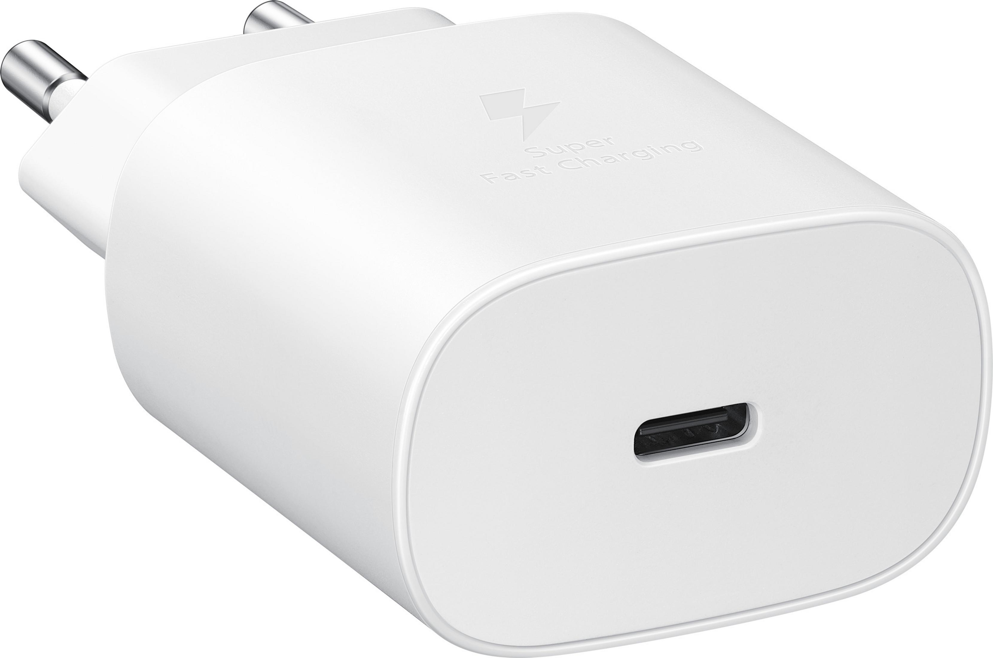 Weißes Samsung-Ladegerät mit USB-C-Anschluss. Text 'Super Fast Charging'. Weißer Hintergrund.