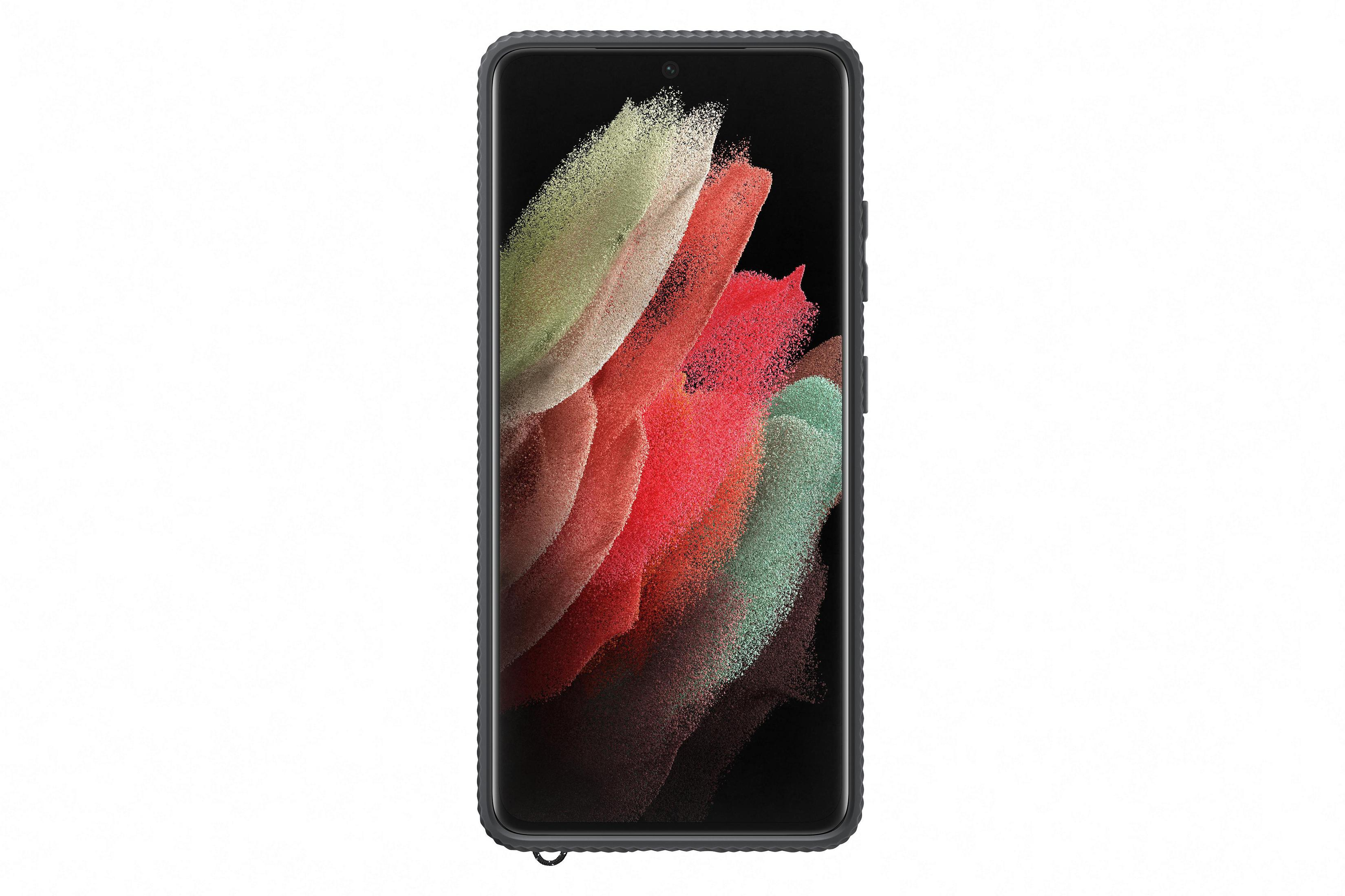 Ein hohes Smartphone auf weißem Hintergrund. Der Bildschirm zeigt ein farbenfrohes abstraktes Bild.