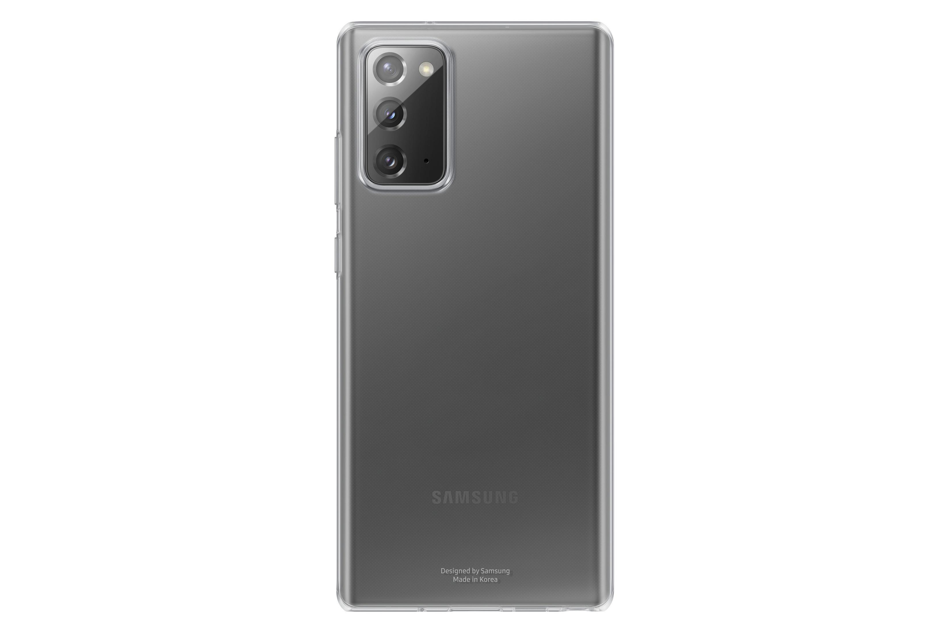 Die Rückseite eines Samsung-Telefons mit Kameraanordnung in einer transparenten Hülle.