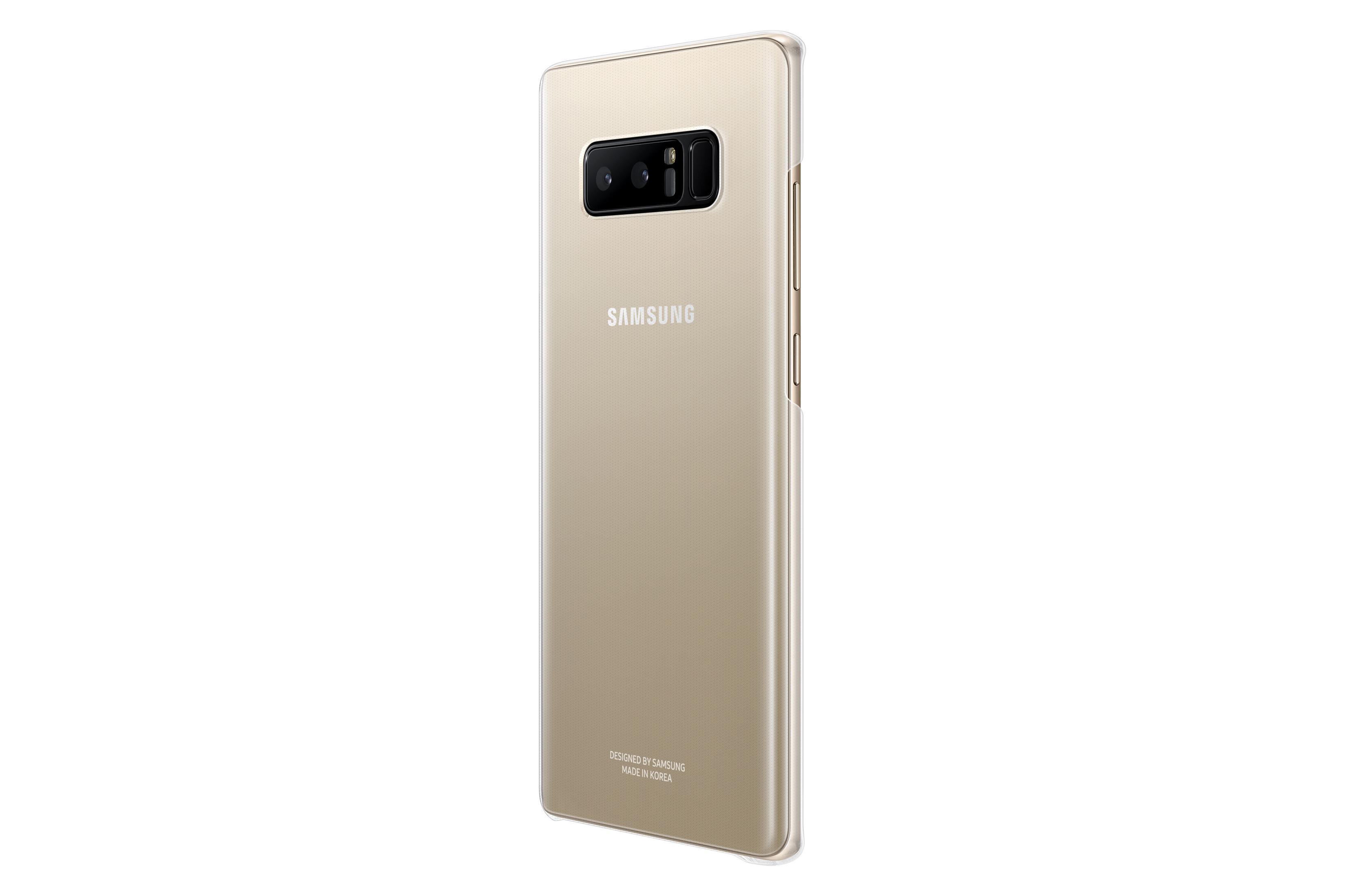 Smartphone dorato con custodia trasparente. Il telefono è su una superficie bianca.