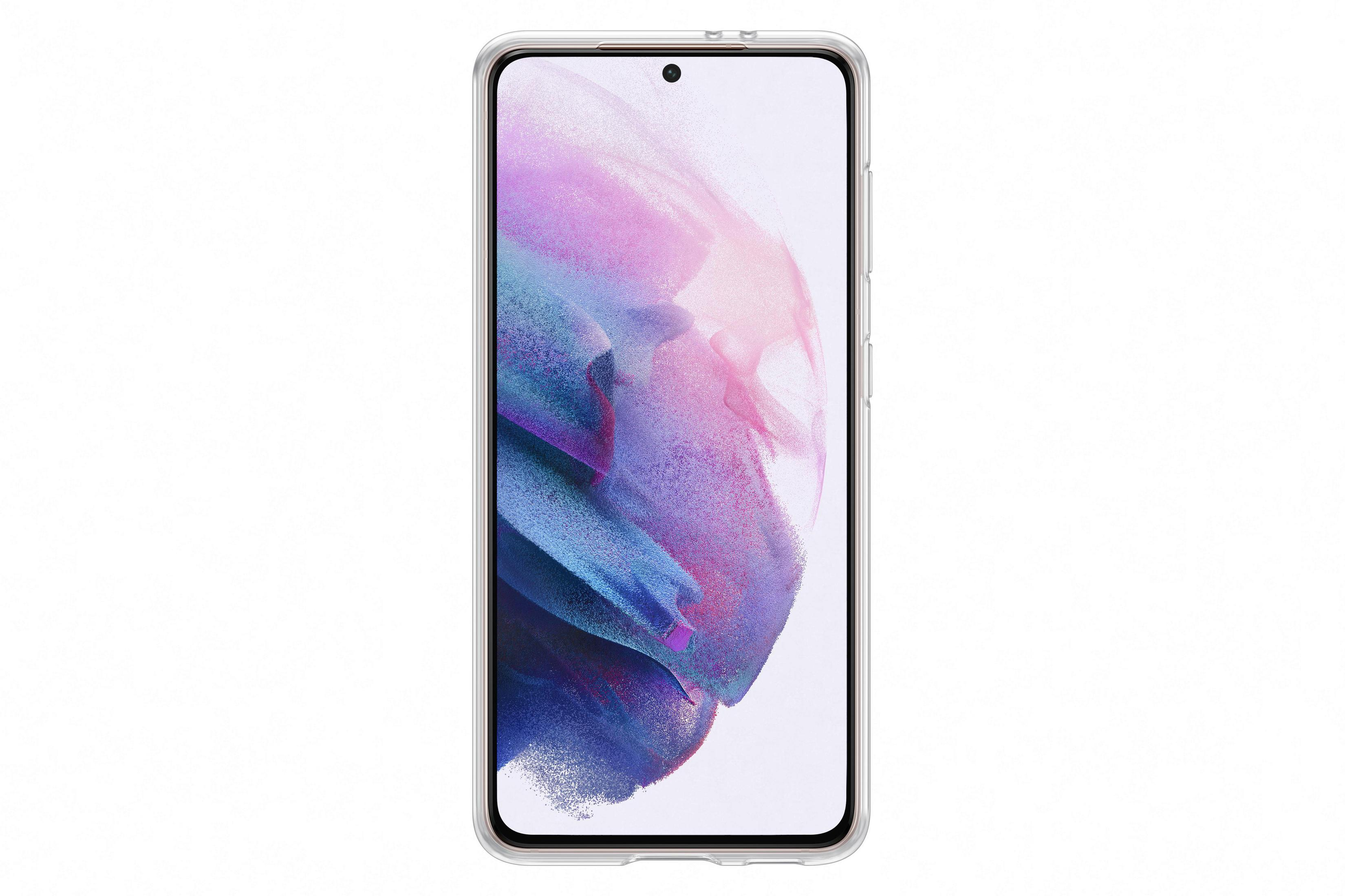 Smartphone avec une coque transparente. L'écran affiche un arrière-plan coloré.