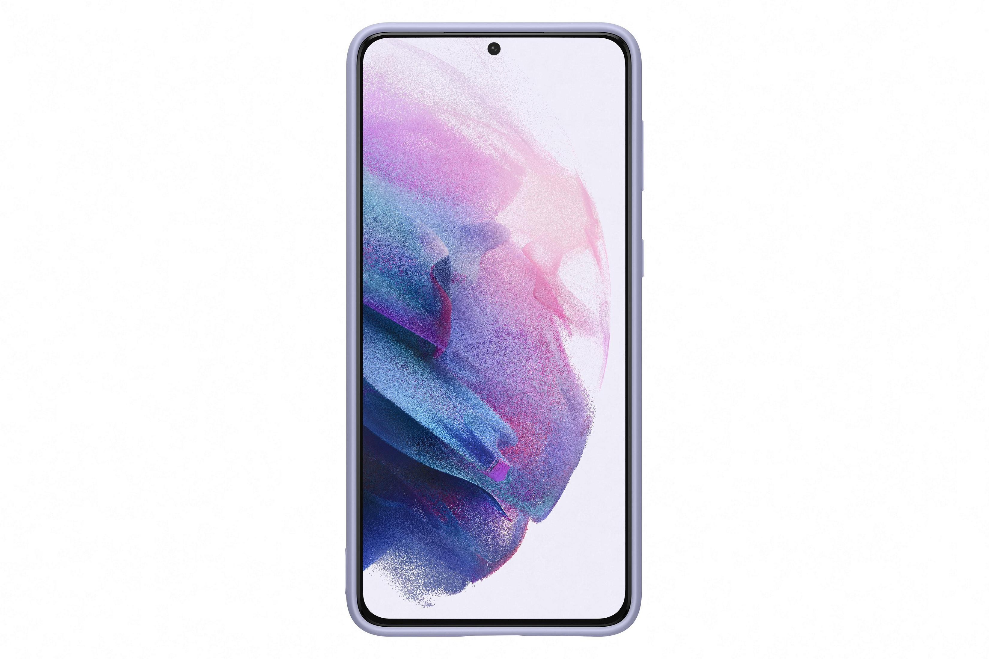 Un teléfono lavanda con una pantalla que muestra una imagen abstracta, sobre un fondo blanco.