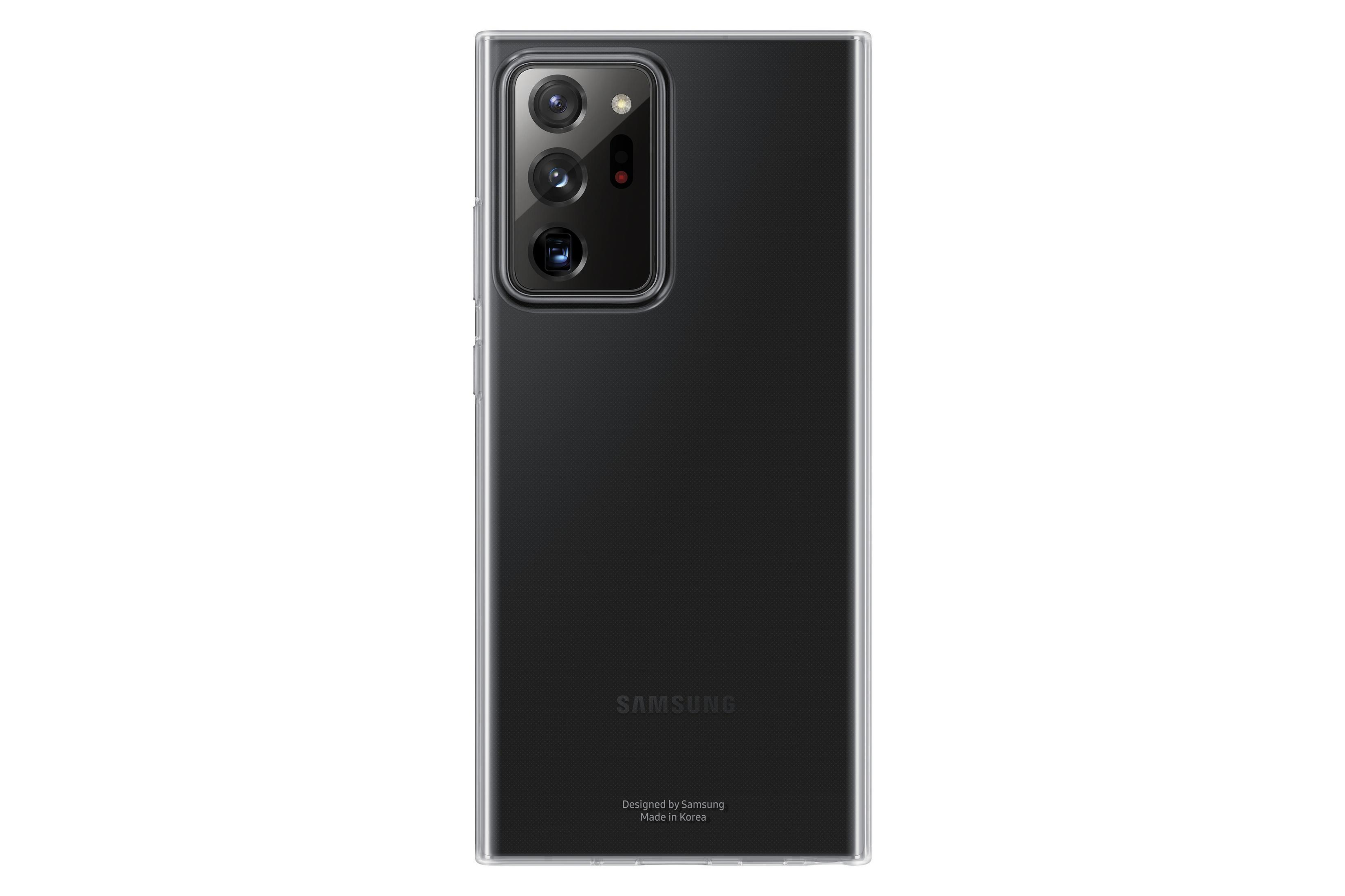 Telefono nero con custodia trasparente, che mostra la parte posteriore e la fotocamera.