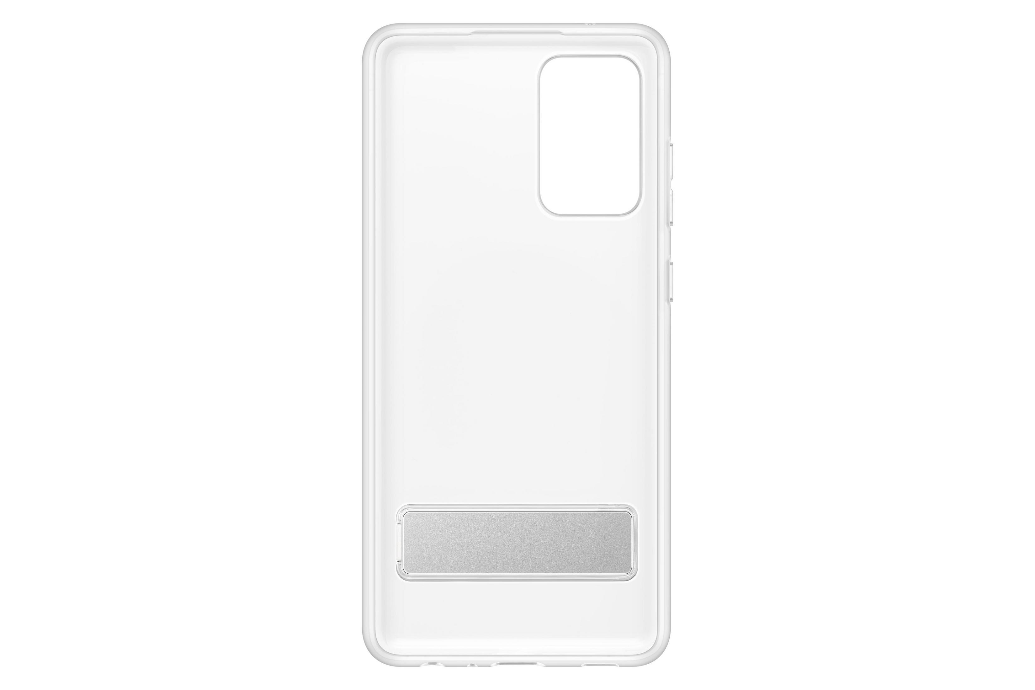 Przezroczyste etui na telefon ze stojakiem na białym tle.