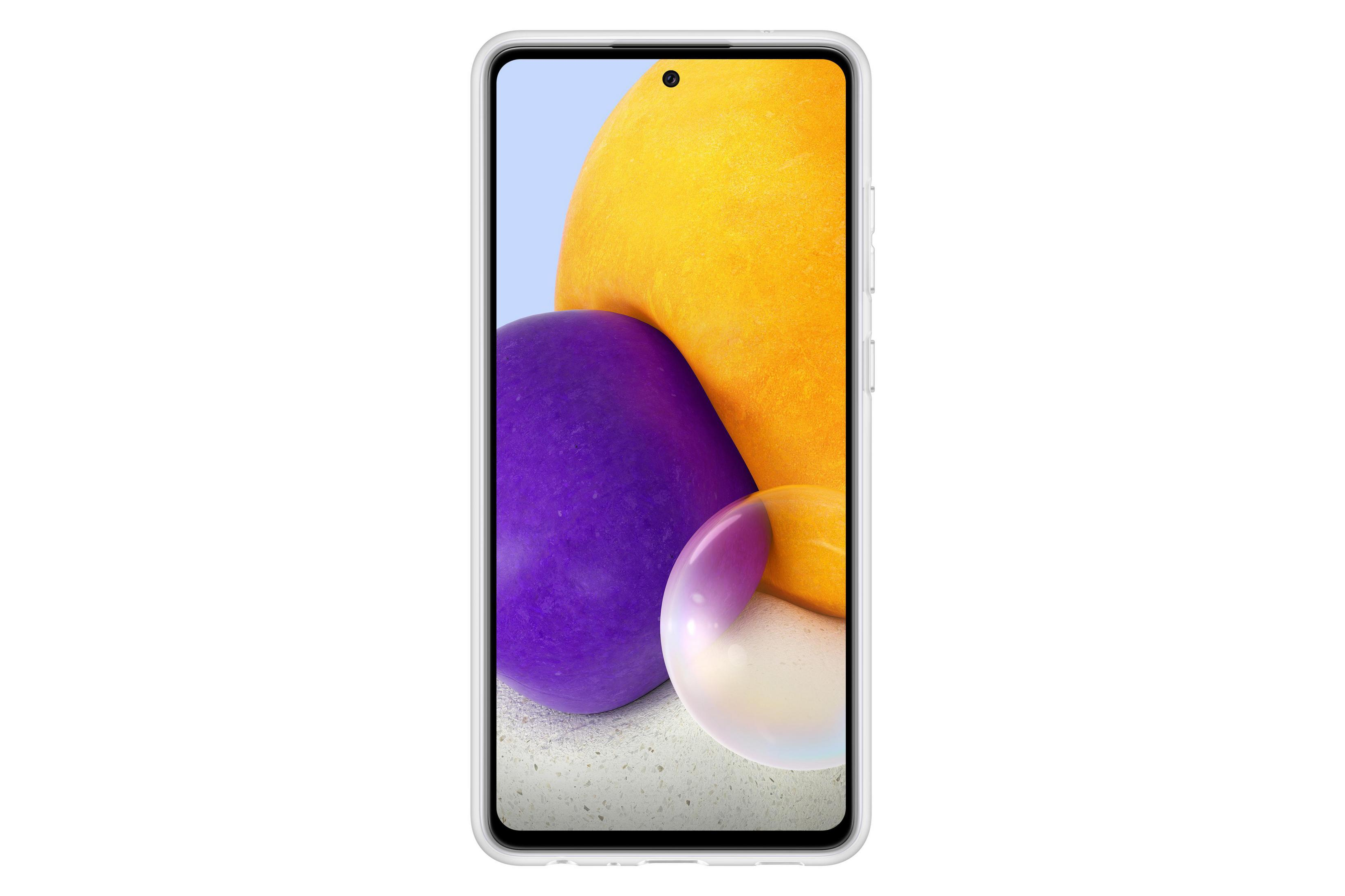 Smartfon z białą ramką, wyświetlający kolorowy, abstrakcyjny obraz.