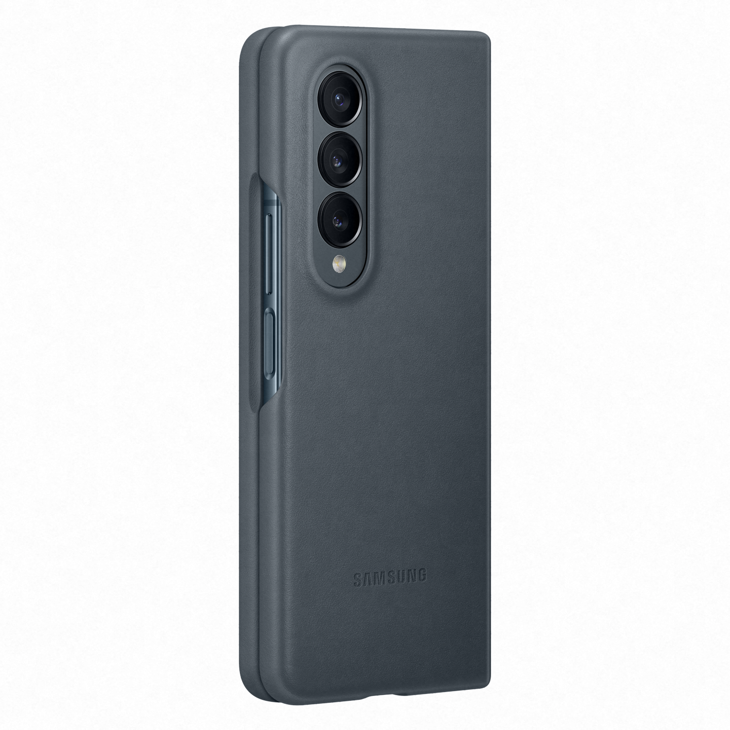 Una funda para teléfono Samsung Galaxy Z Fold azul grisáceo. Tiene una triple cámara y el logotipo de Samsung.