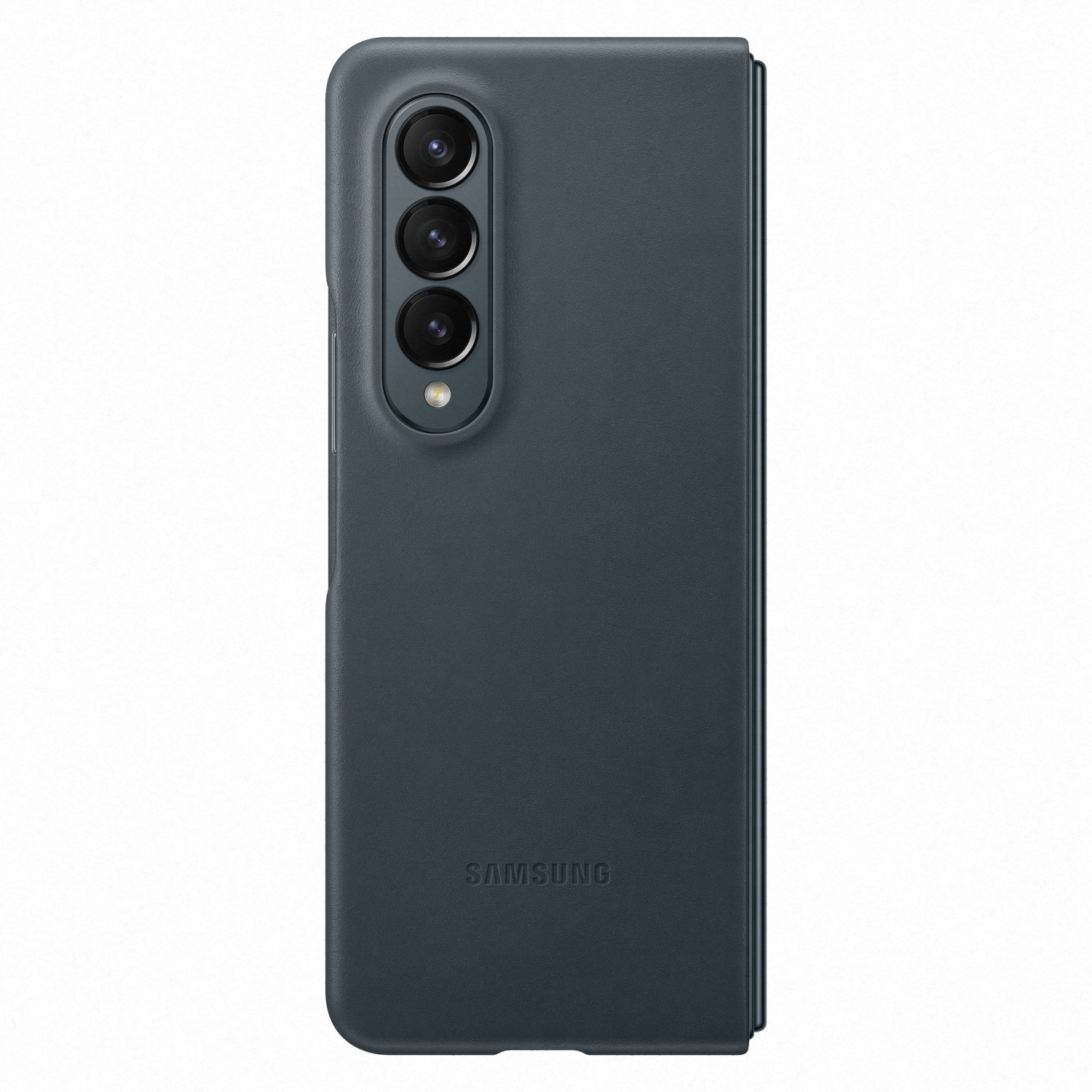 Una funda de teléfono Samsung gris oscuro con una matriz de cámara, posición cerrada.