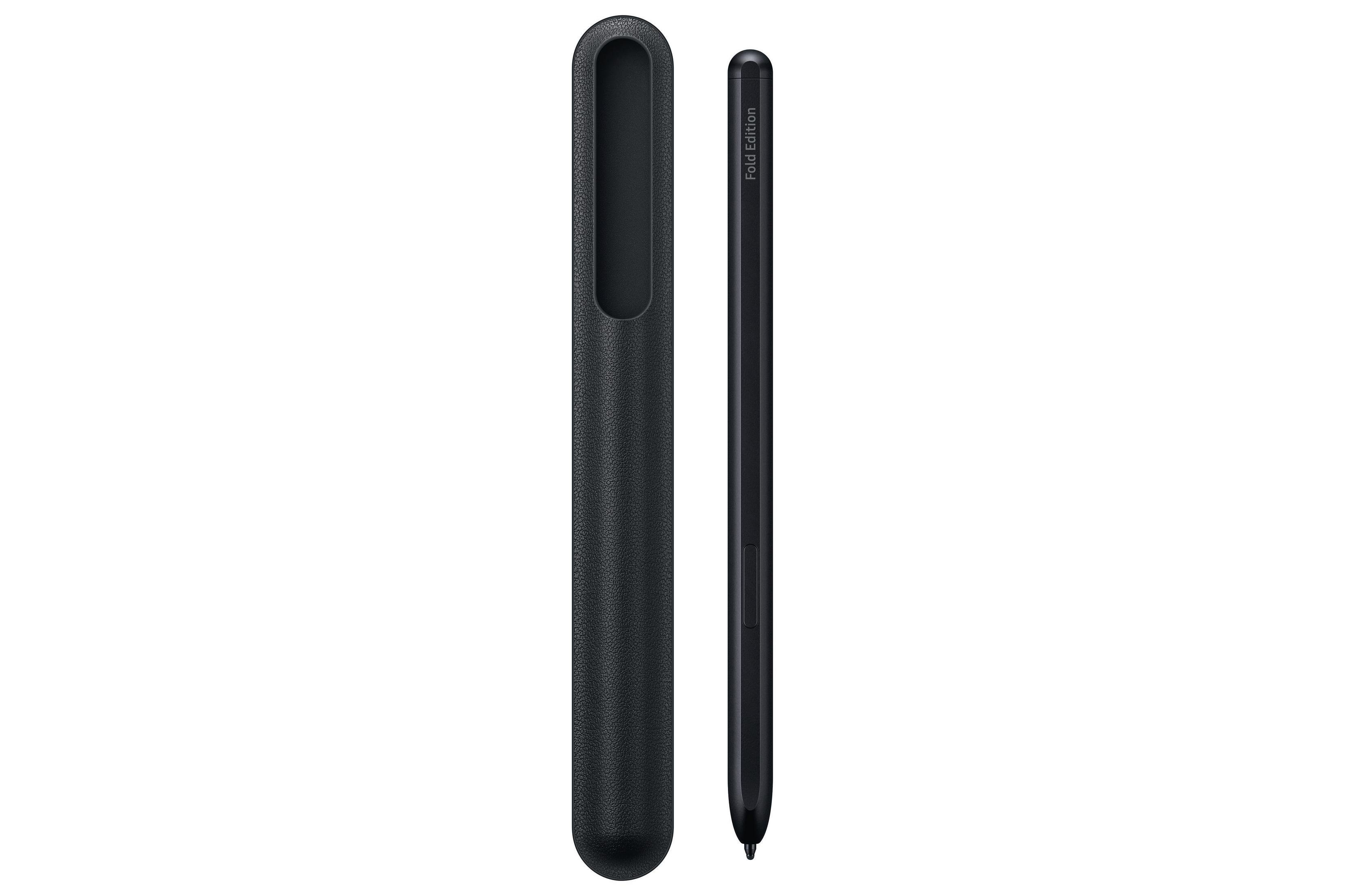 Penna stilo S Pen nera e la sua custodia. Penna nera con pulsante. Custodia nera e rettangolare.