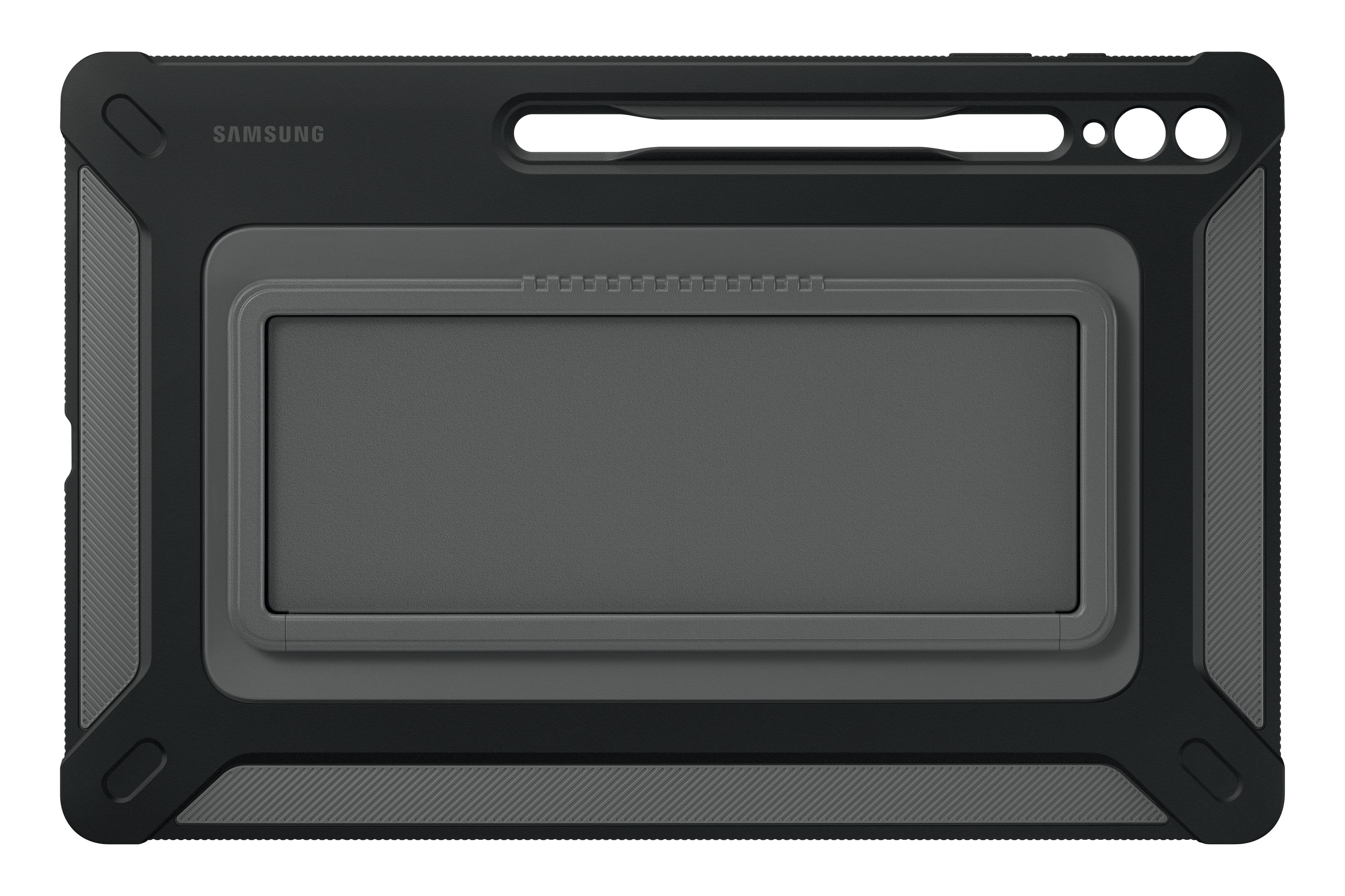 Custodia per tablet Samsung nera e grigia. Ha un porta stilo integrato e una cornice protettiva.