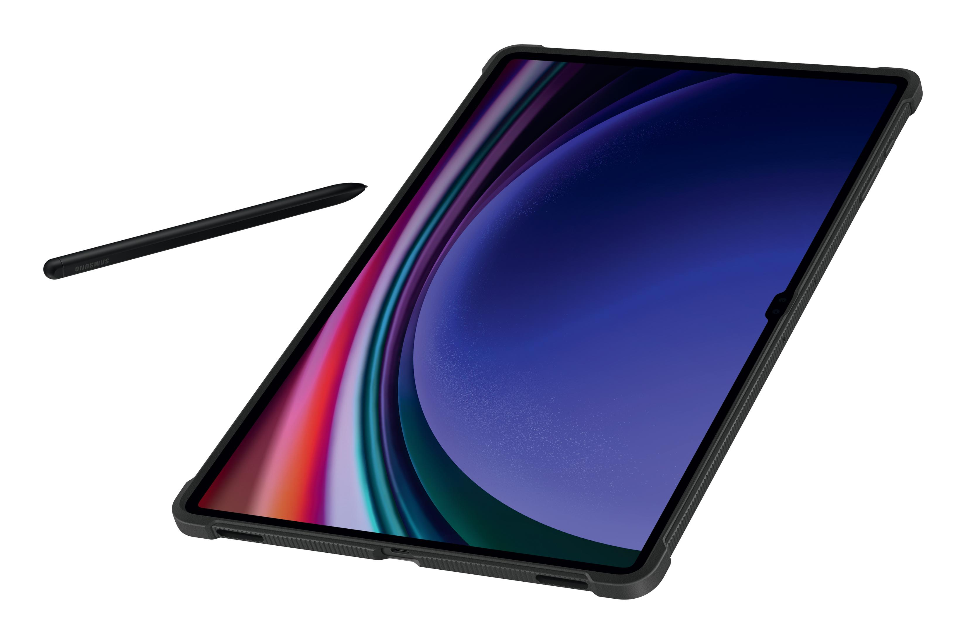 Un tablet nero con uno stilo nero. Il tablet è in una custodia.