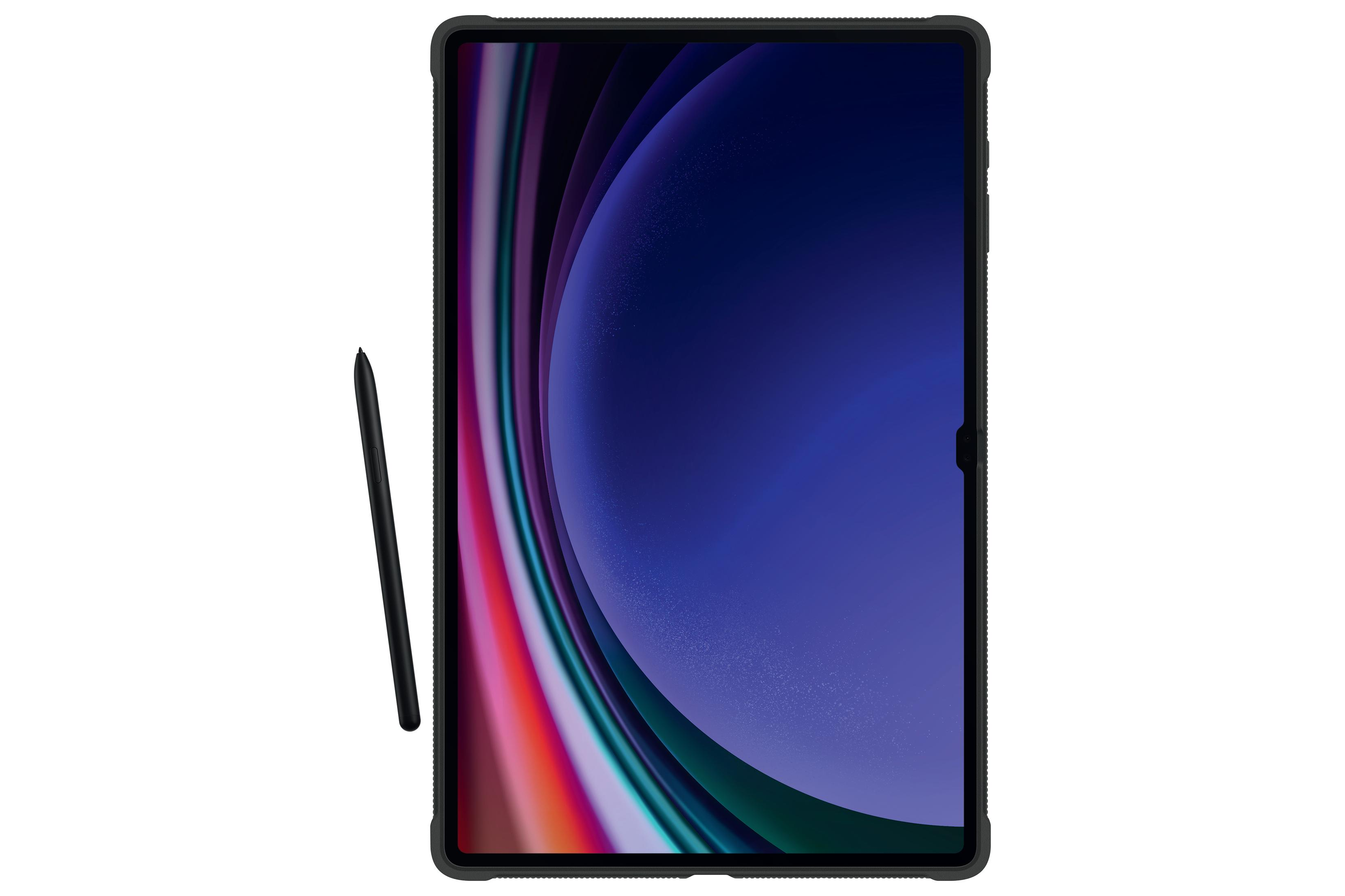 Un tablet nero con uno stilo nero. Lo schermo mostra un design astratto colorato.