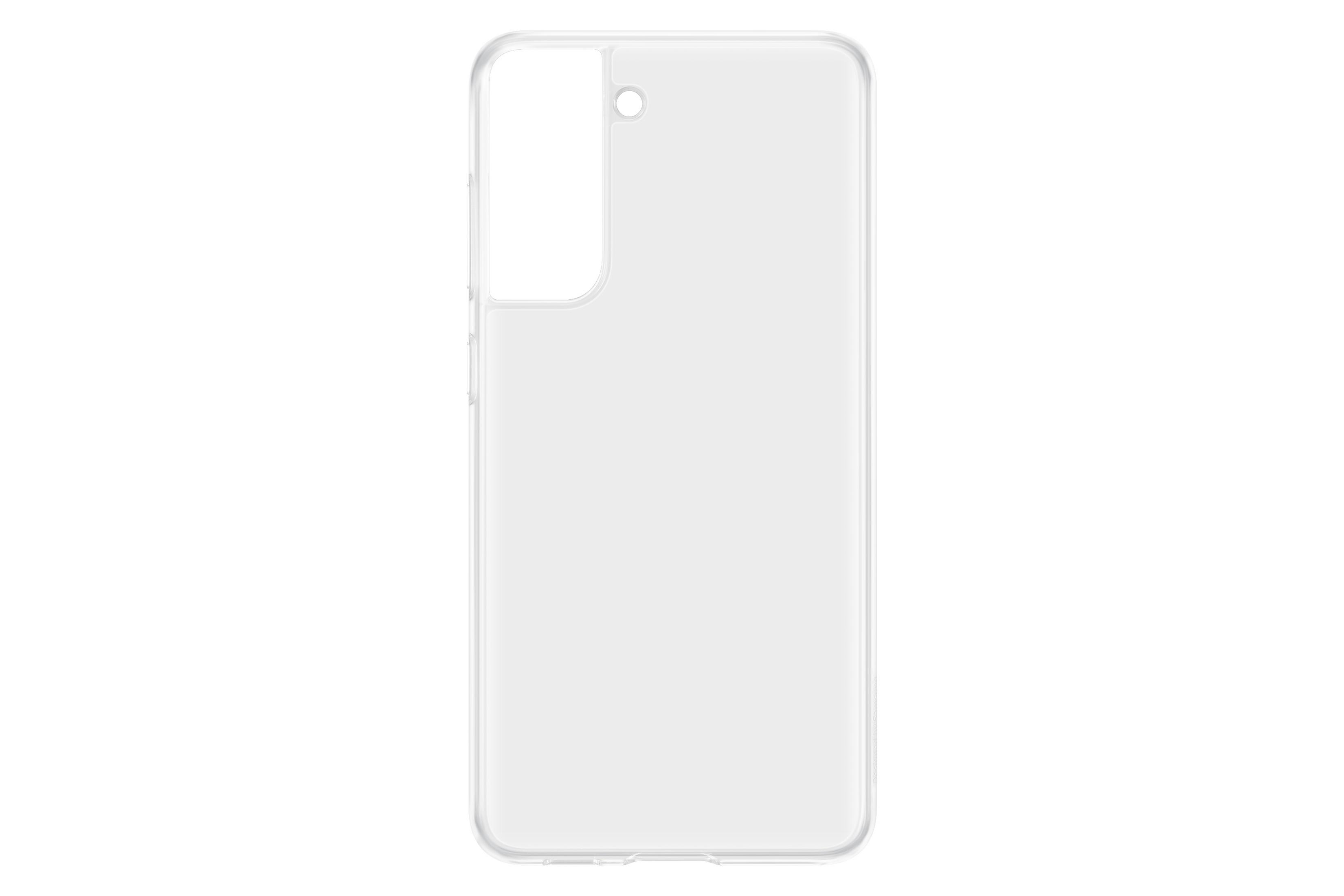 Funda de teléfono transparente, mostrando la forma de un teléfono con recorte de cámara y ubicaciones de botones laterales.