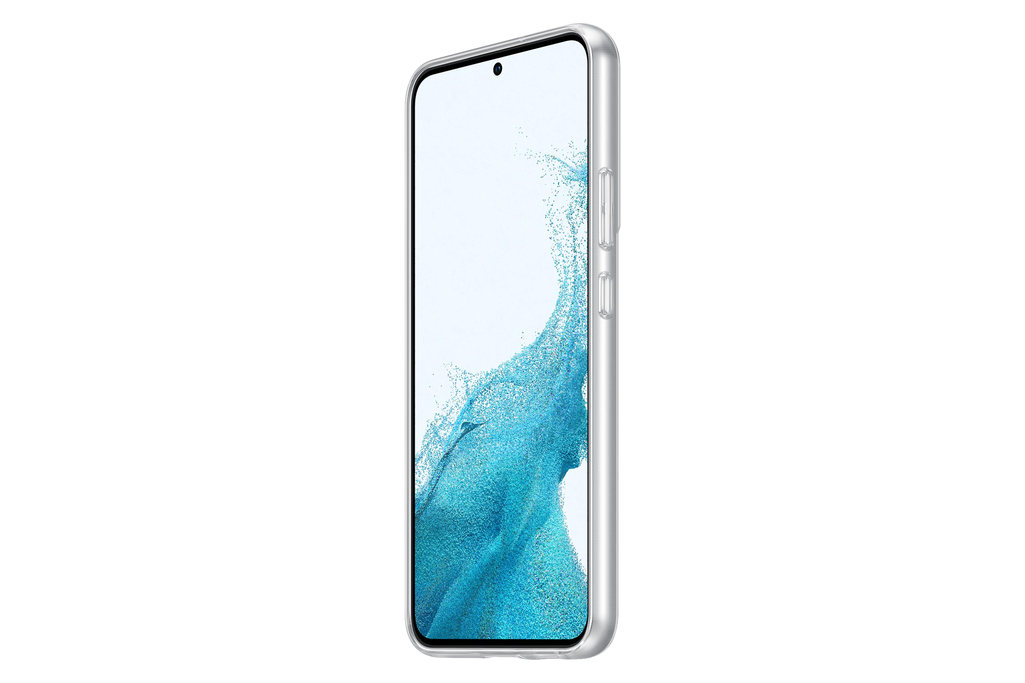Srebrny telefon w przezroczystym etui. Ekran wyświetla rozmyty niebiesko-biały obraz.