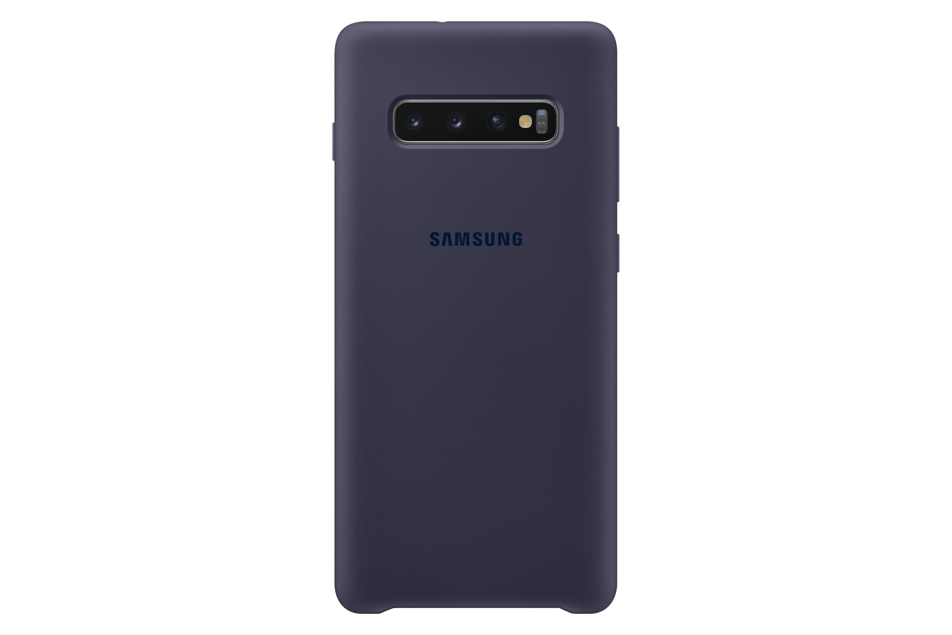 Retro custodia del telefono, blu navy, logo Samsung e lenti della fotocamera triple.