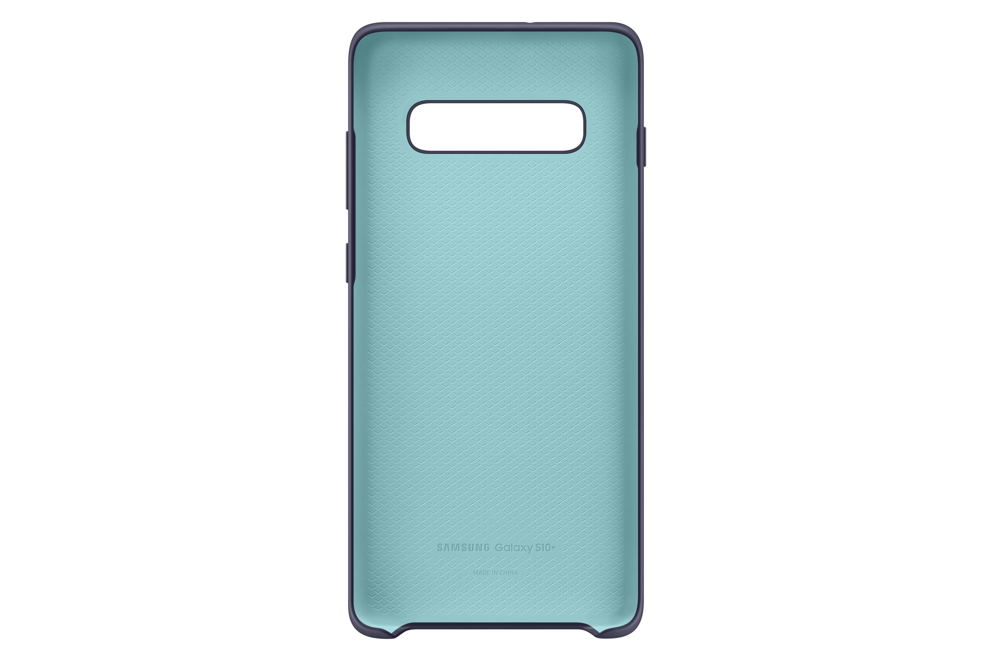 Una custodia per telefono azzurra, con una cornice blu scuro e un interno azzurro.