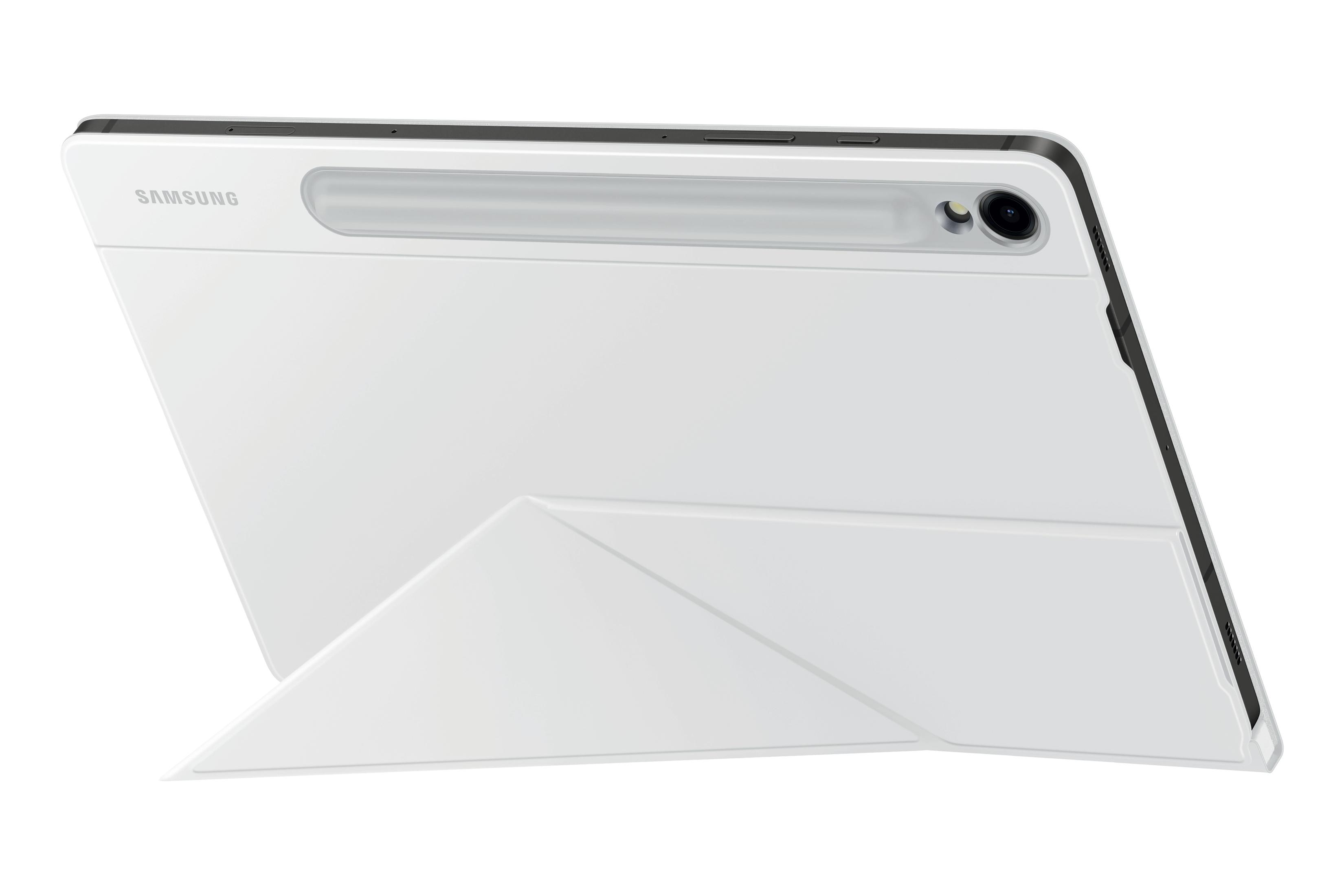 Biały tablet z podniesioną białą osłoną, z czarnym aparatem.