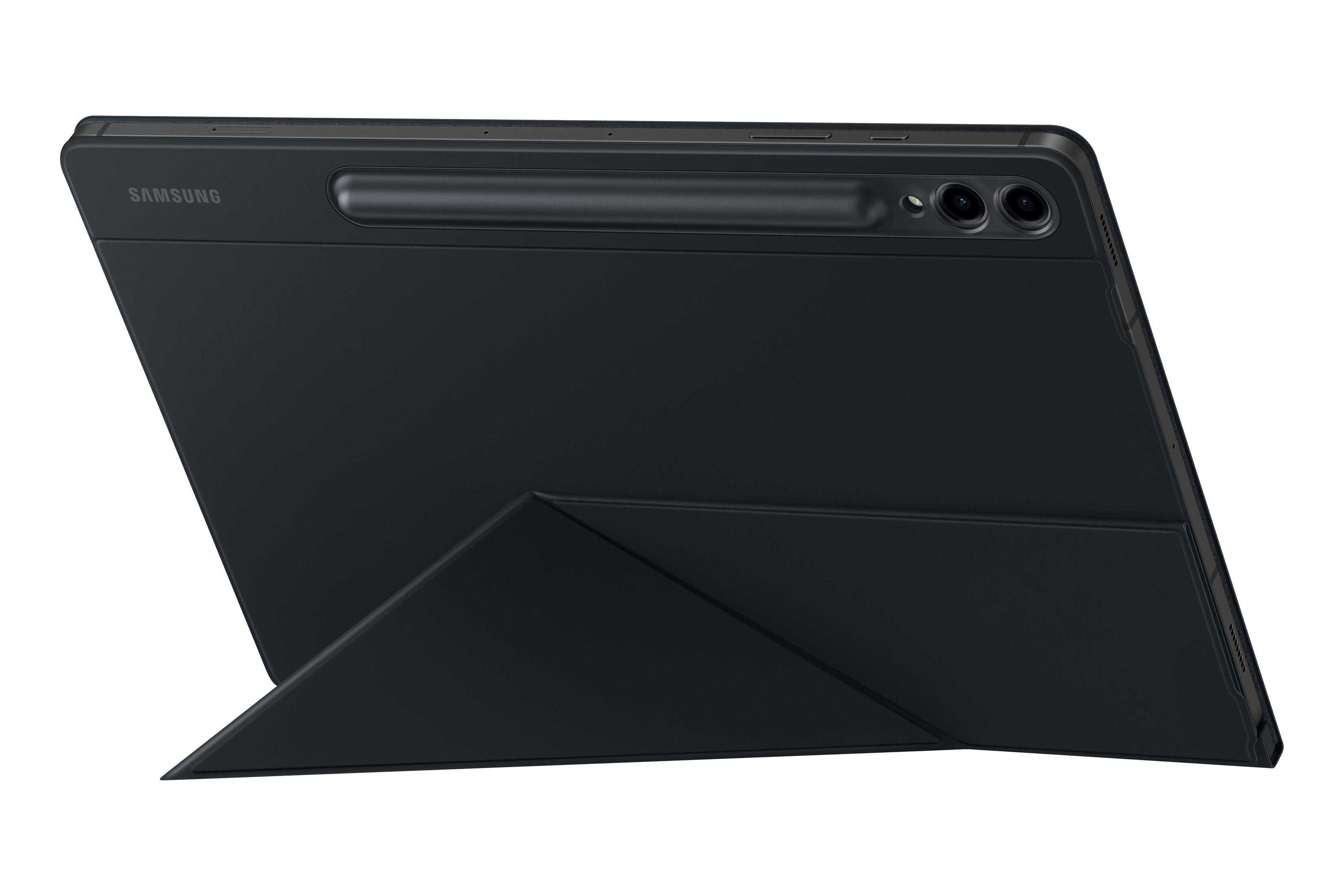 Czarny tablet z etui i rysikiem. Etui jest złożone, widoczny ekran. Widok z tyłu.