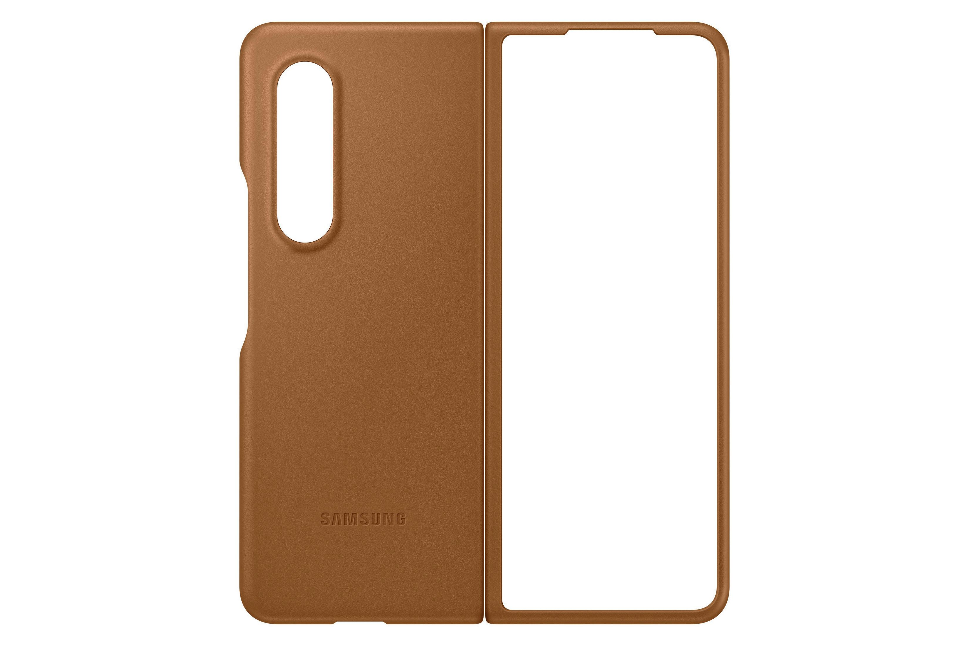 Custodia in pelle marrone, aperta che mostra l'interno. Logo Samsung visibile.