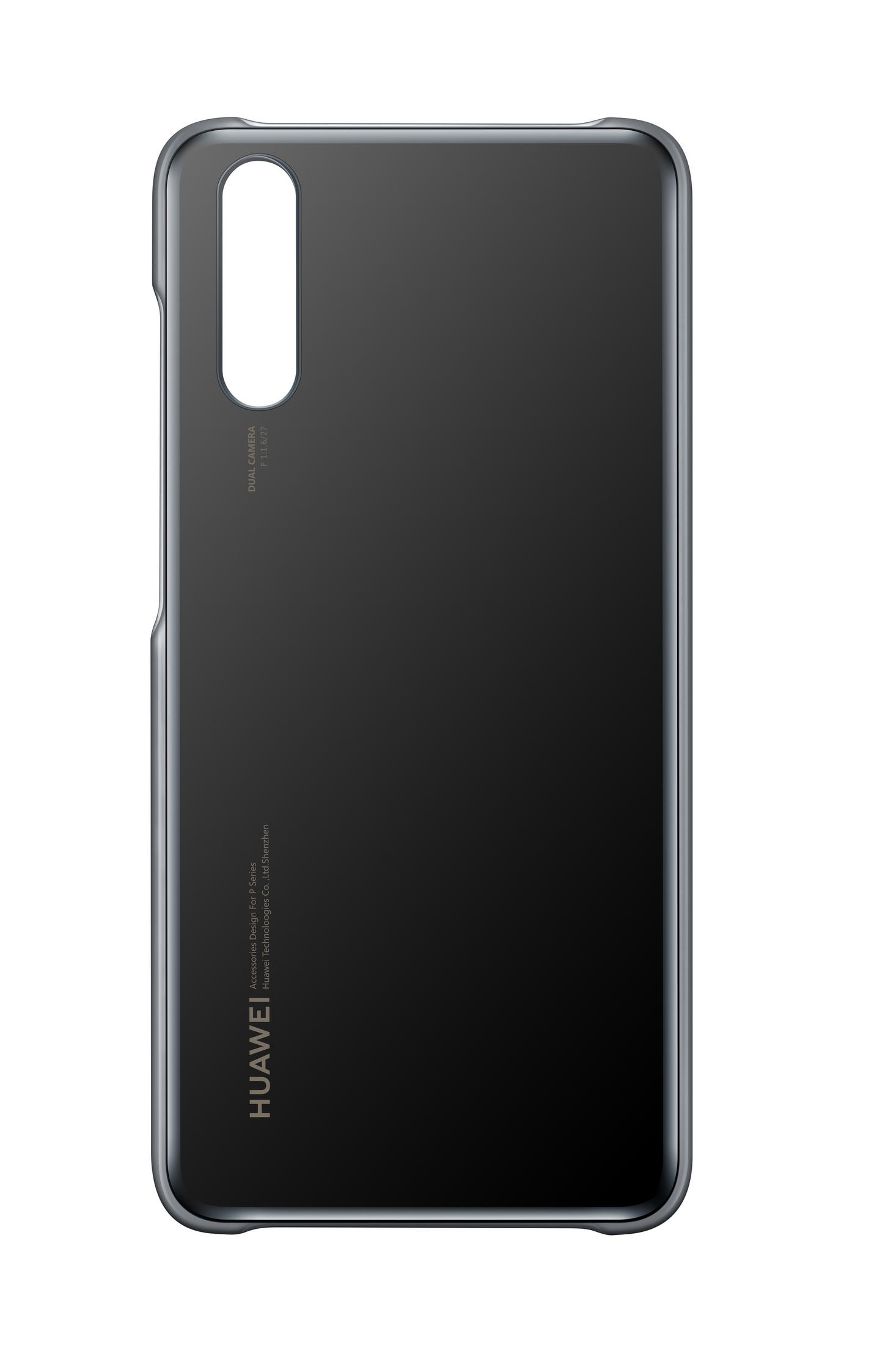 Custodia nera per telefono. Nera con ritaglio per la fotocamera e logo Huawei in basso.