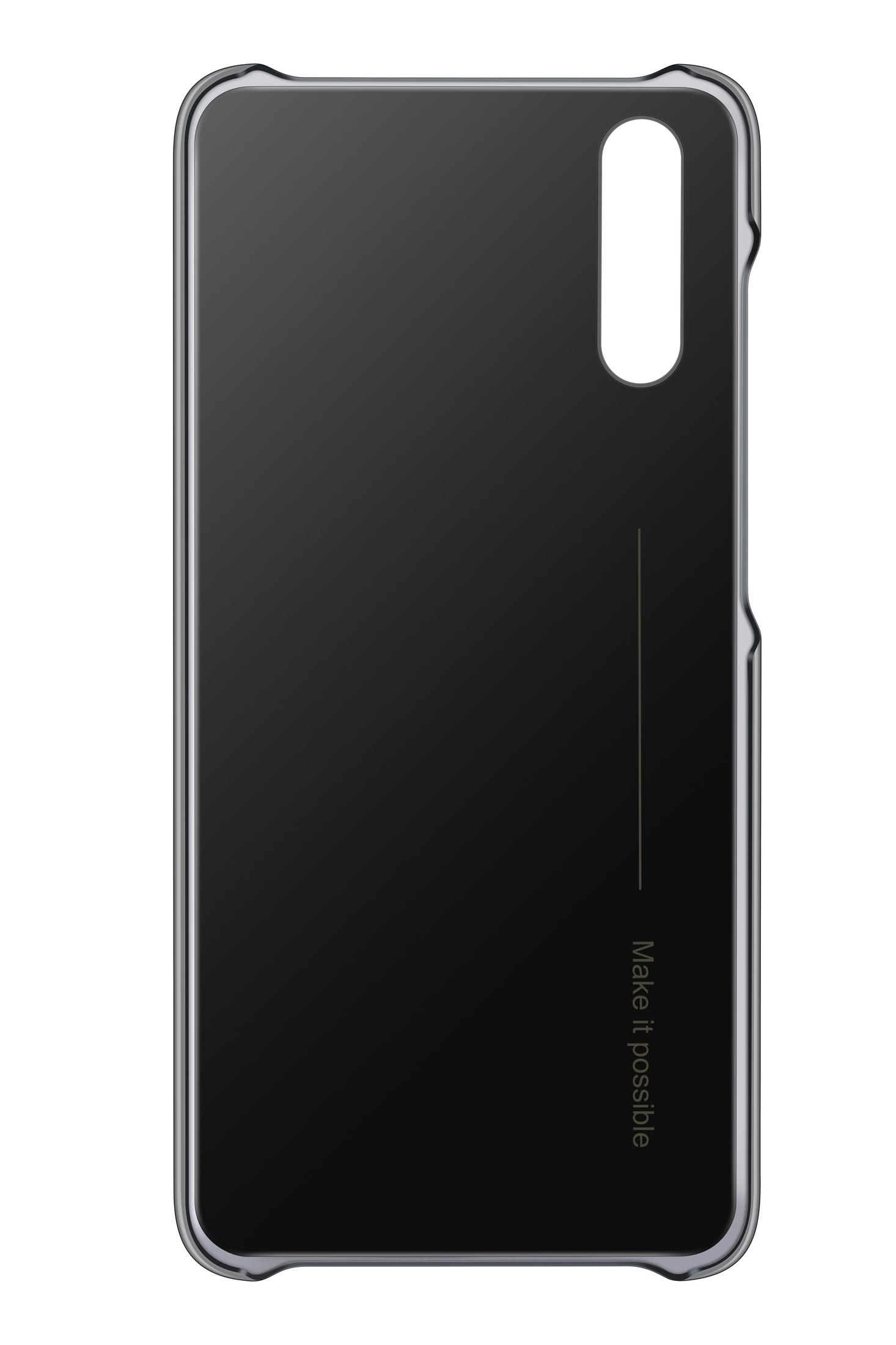 Una custodia nera per telefono con apertura per la fotocamera. Il testo "Make it possible" è in basso.
