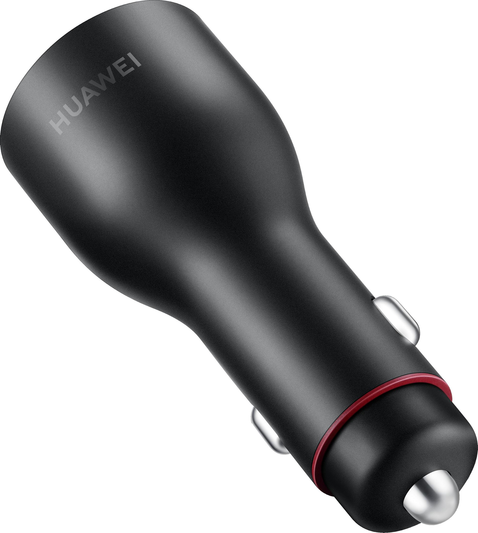 Cargador de coche negro con anillo rojo. 'HUAWEI' escrito en el cargador.