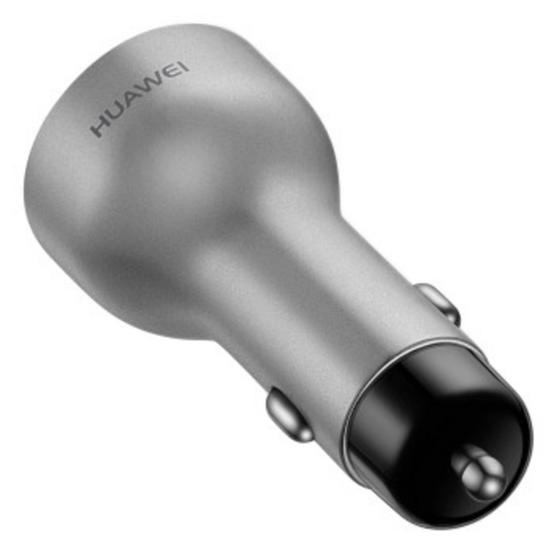 Zilveren Huawei autolader. De lader heeft een afgeronde behuizing en USB-poort.