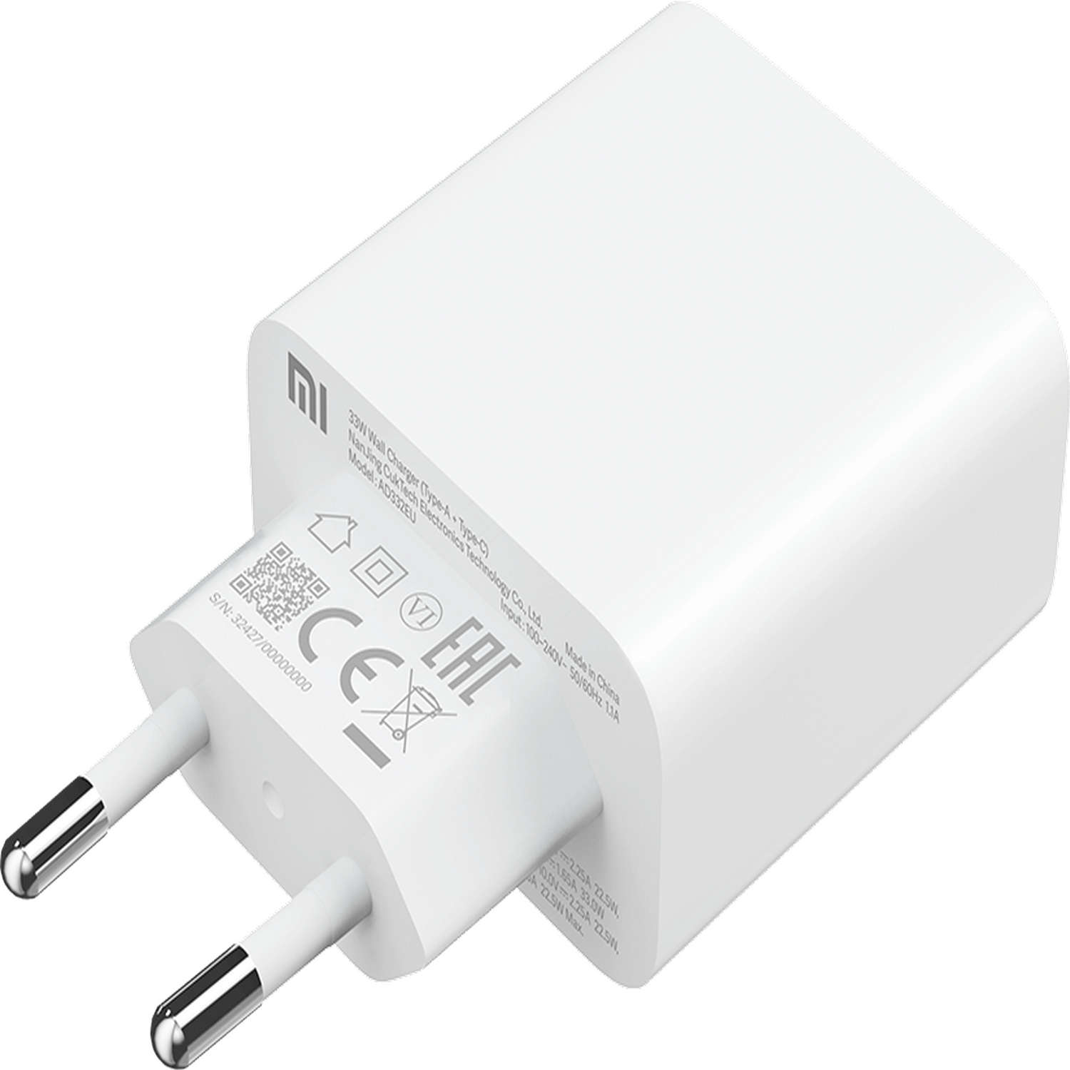 Biała ładowarka Xiaomi z dwoma bolcami. Ma biały korpus i tekst na nim.