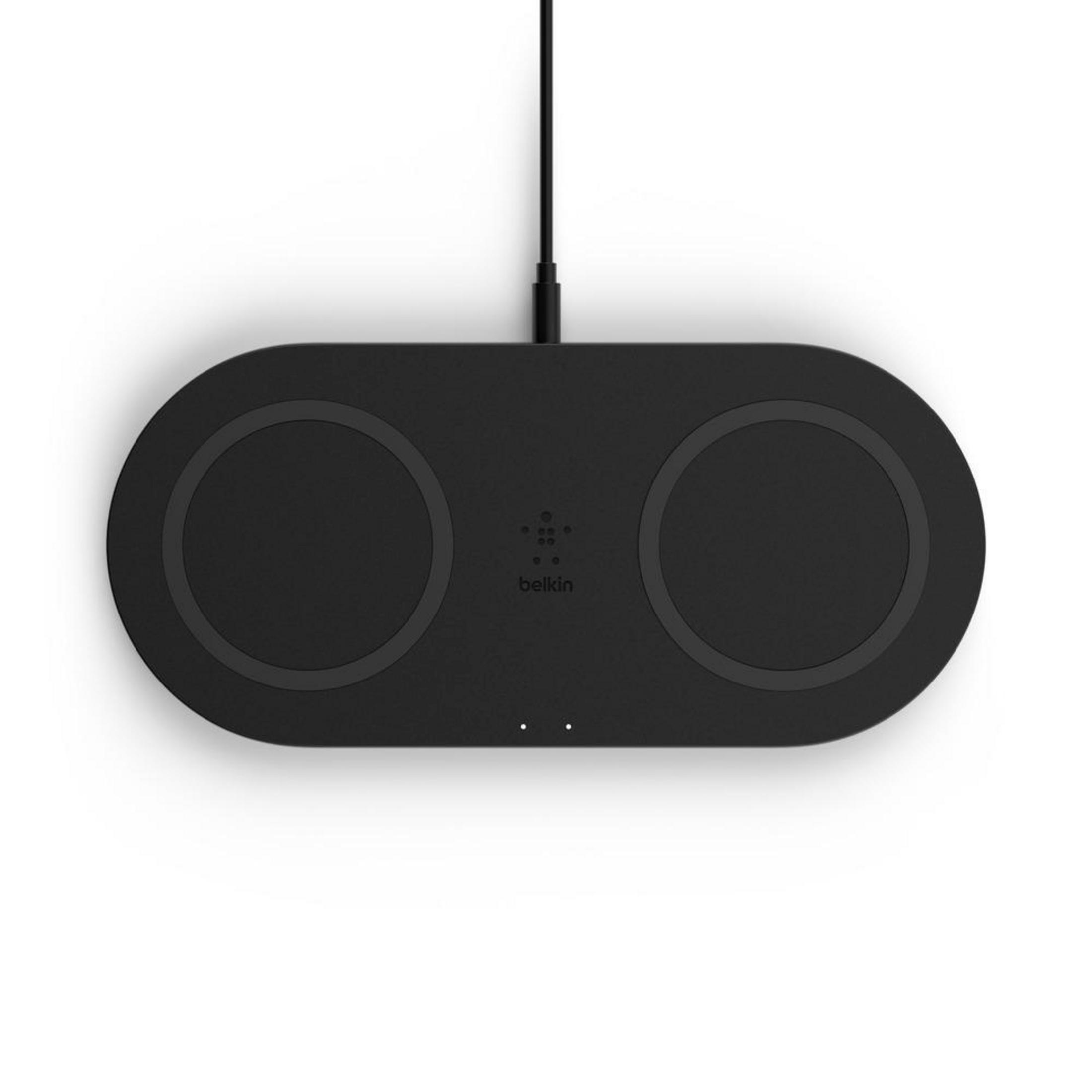 Schwarzes kabelloses Ladegerät mit zwei Ladestellen. Das Ladegerät ist oval und hat zwei kleine Lichter.