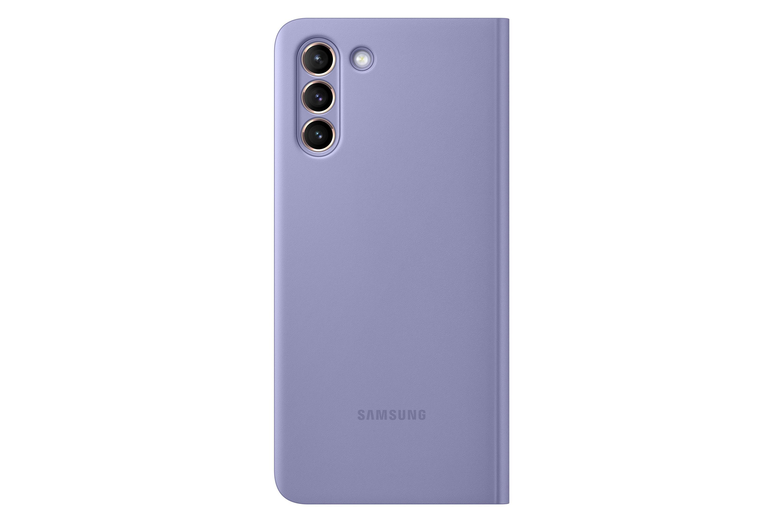 Custodia viola per telefono con configurazione fotocamera sul retro. Logo Samsung in basso.