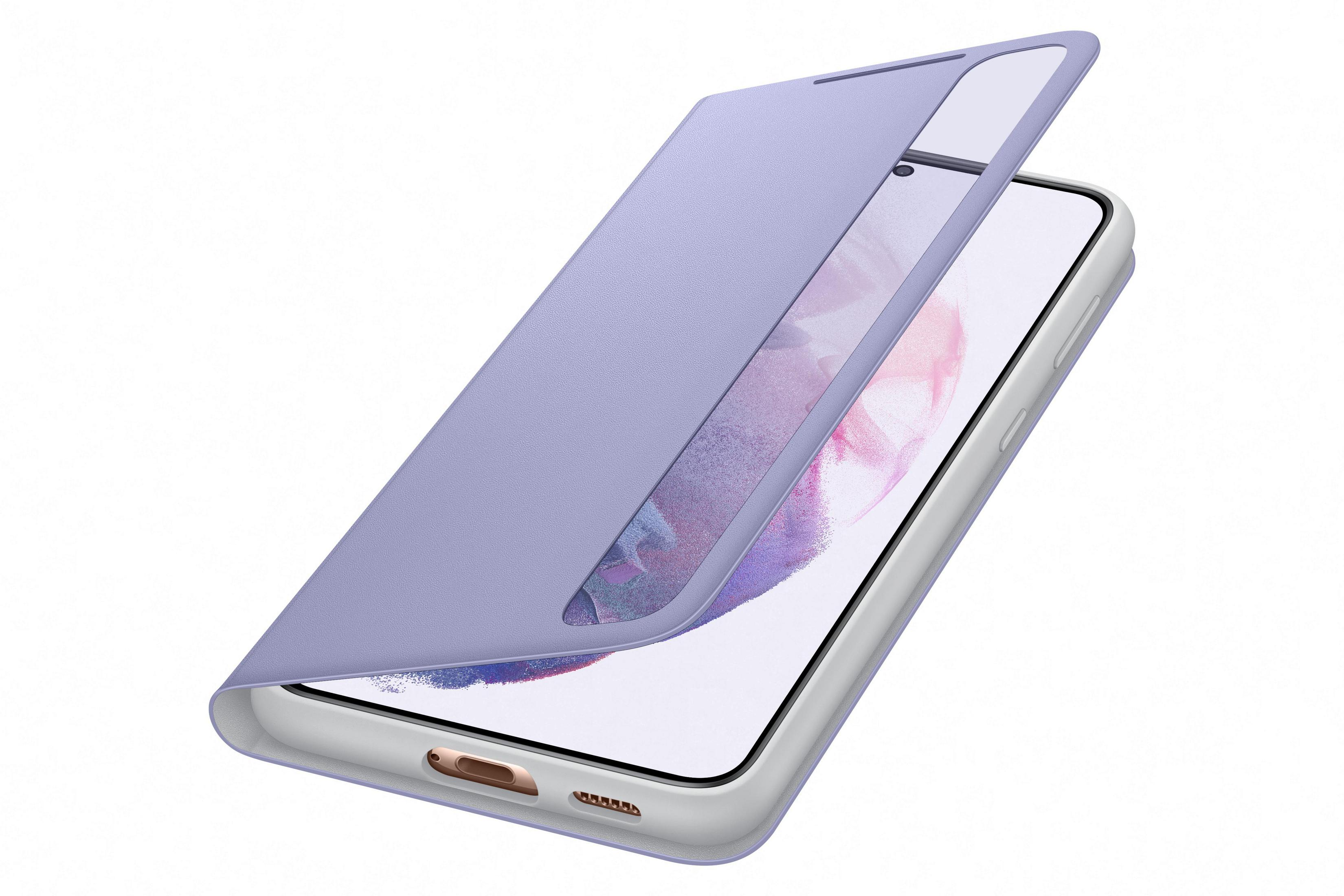 Uno smartphone in una custodia lavanda, con la cover parzialmente aperta.