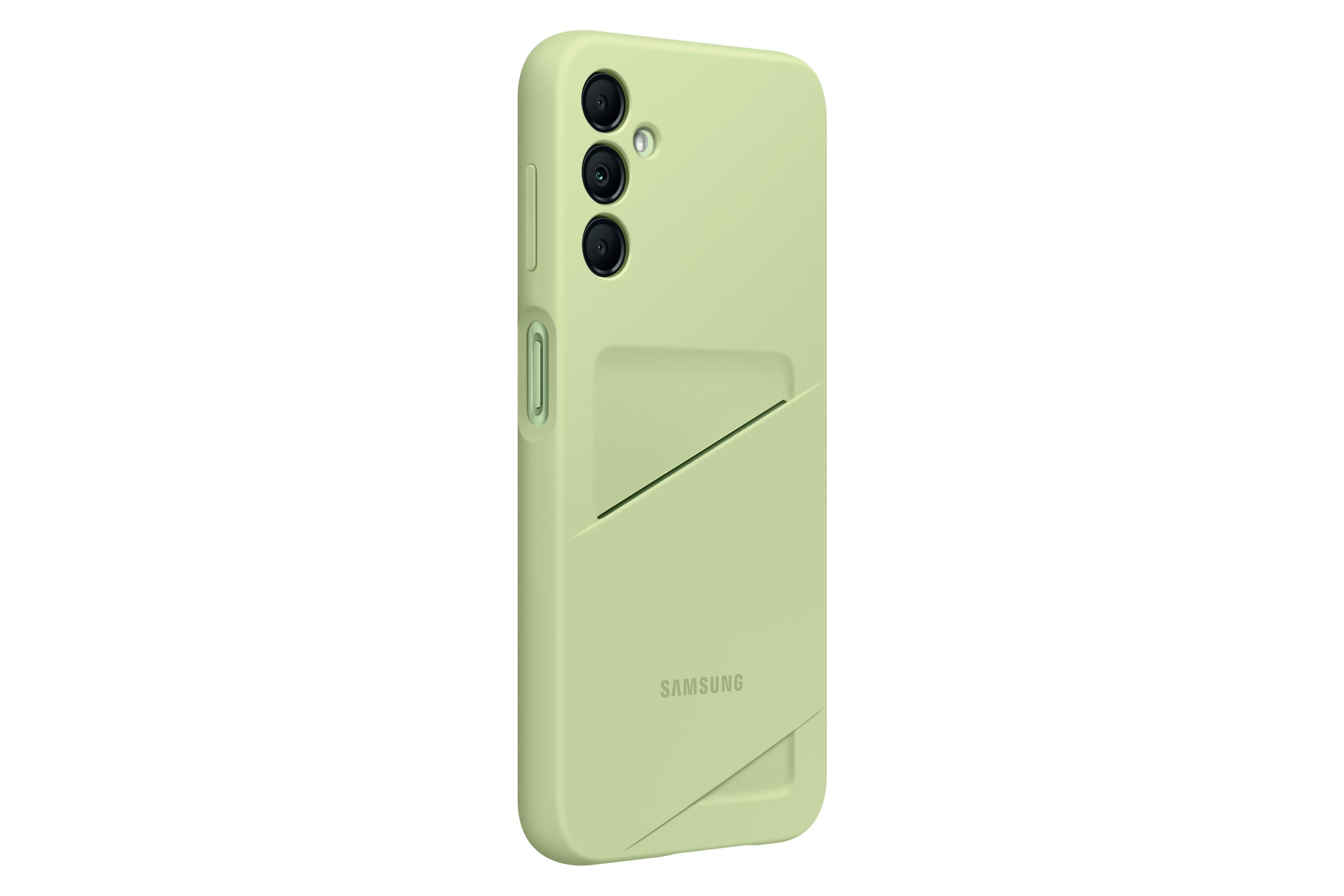 Hellgrüne Handyhülle mit drei Kameraausschnitten und einer Tasche. SAMSUNG ist unten aufgedruckt.